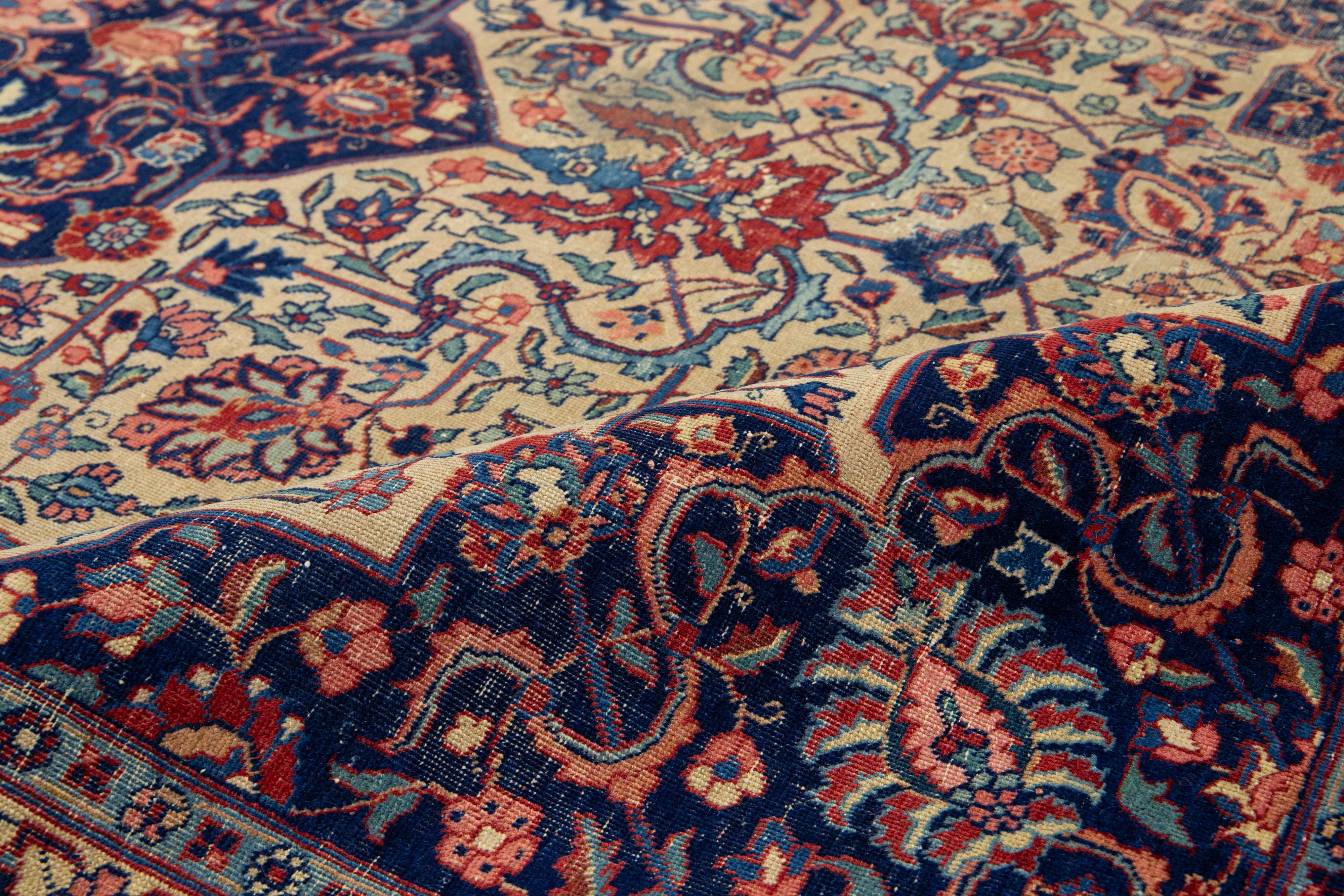 Blue Antique Wool Rug Persian Tabriz From 1920s with A Medallion Design For Sale 4