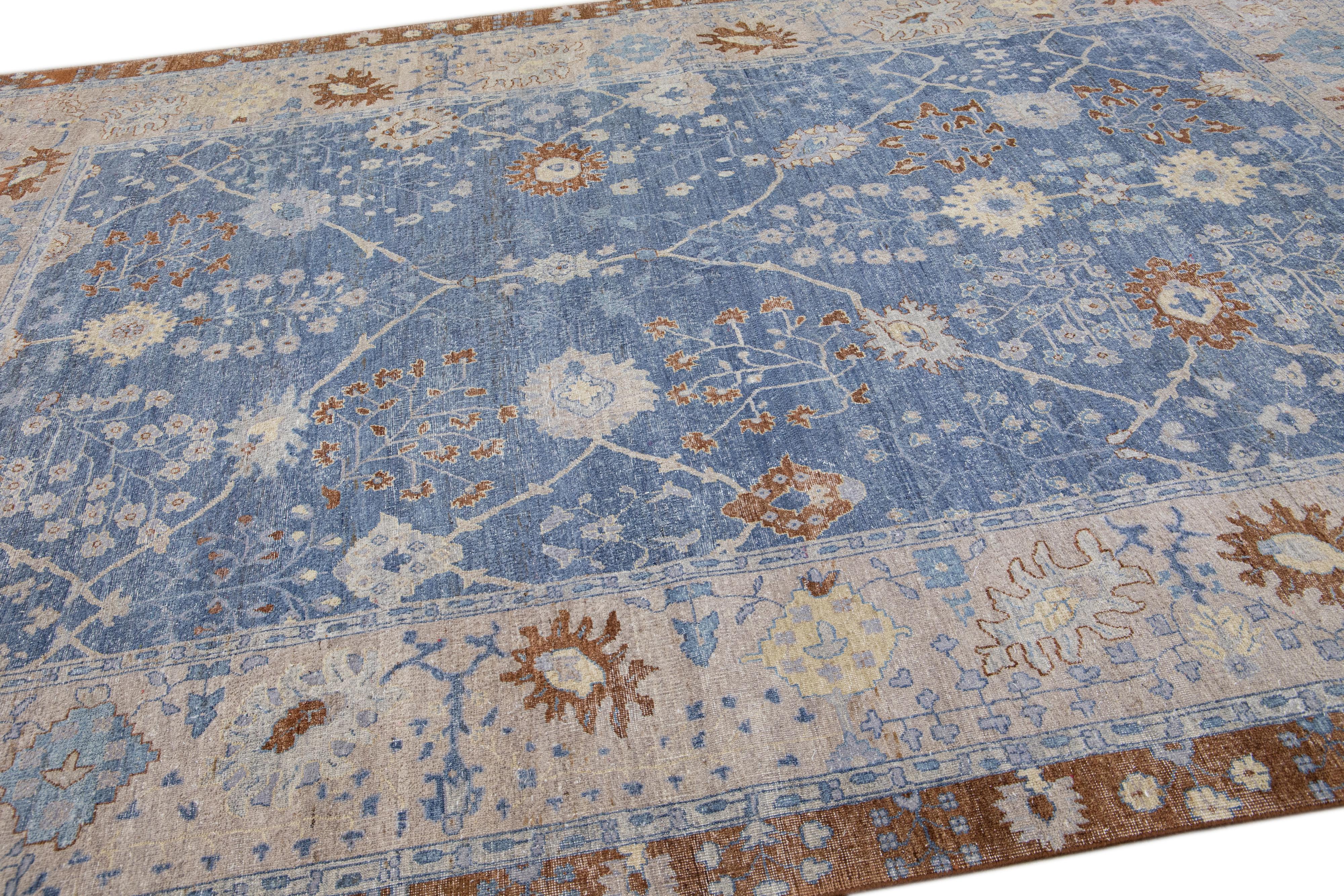 Blue Apadana's Artisan Collection Handmade Allover Designed Wool Rug In New Condition For Sale In Norwalk, CT
