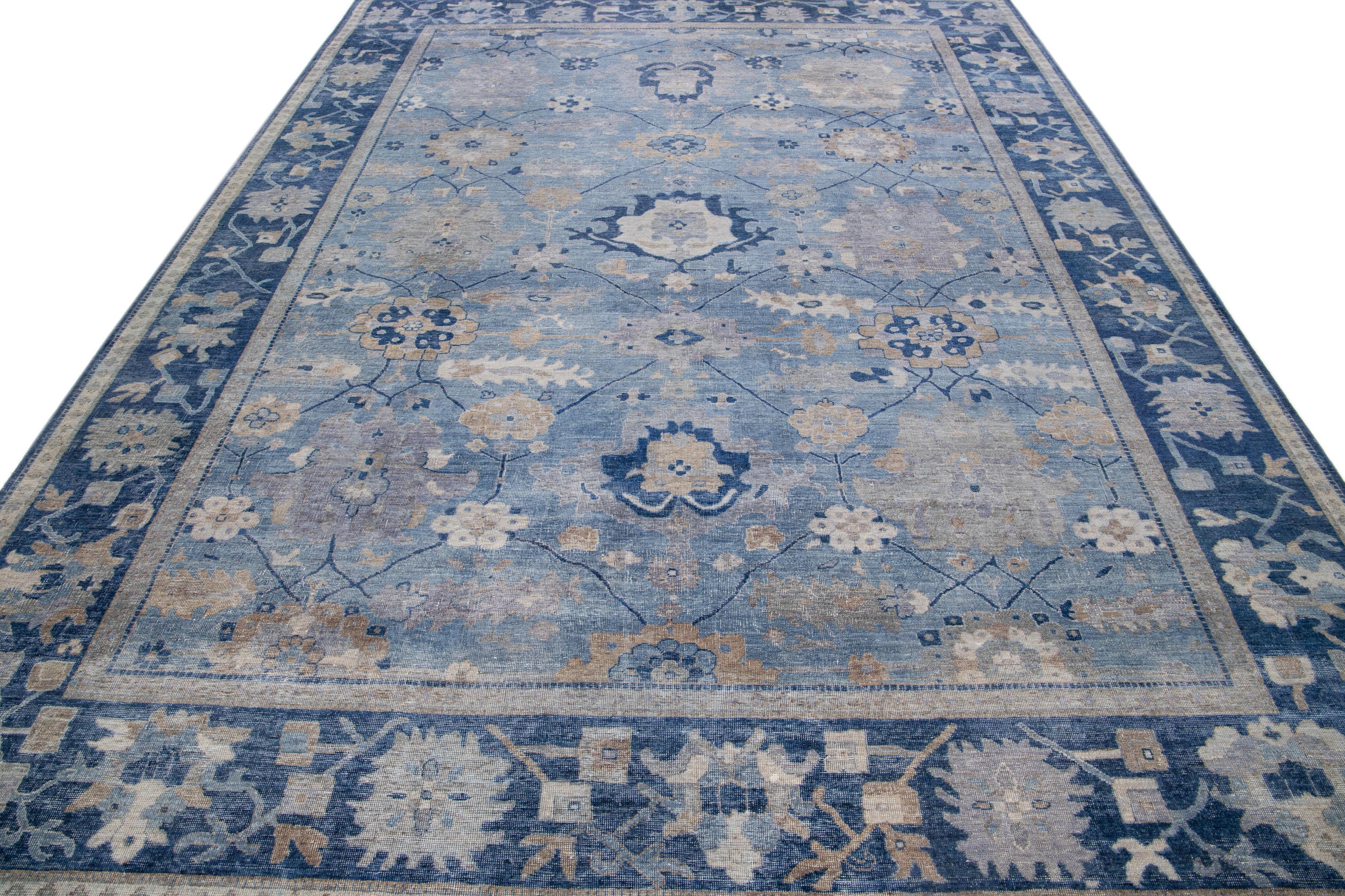 Modern Blue Apadana's Artisan Collection Handmade Floral Designed Wool Rug For Sale