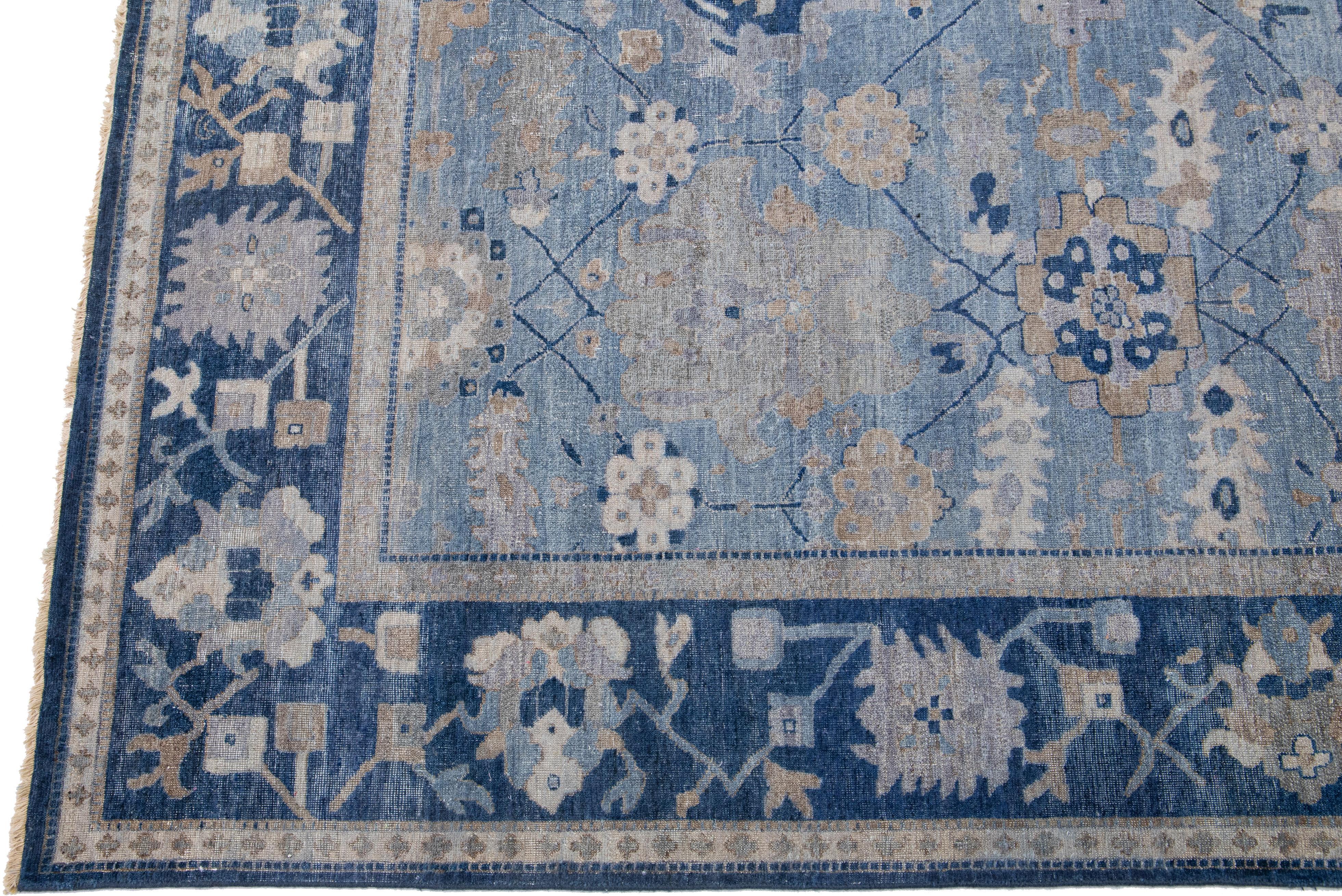 Indian Blue Apadana's Artisan Collection Handmade Floral Designed Wool Rug For Sale