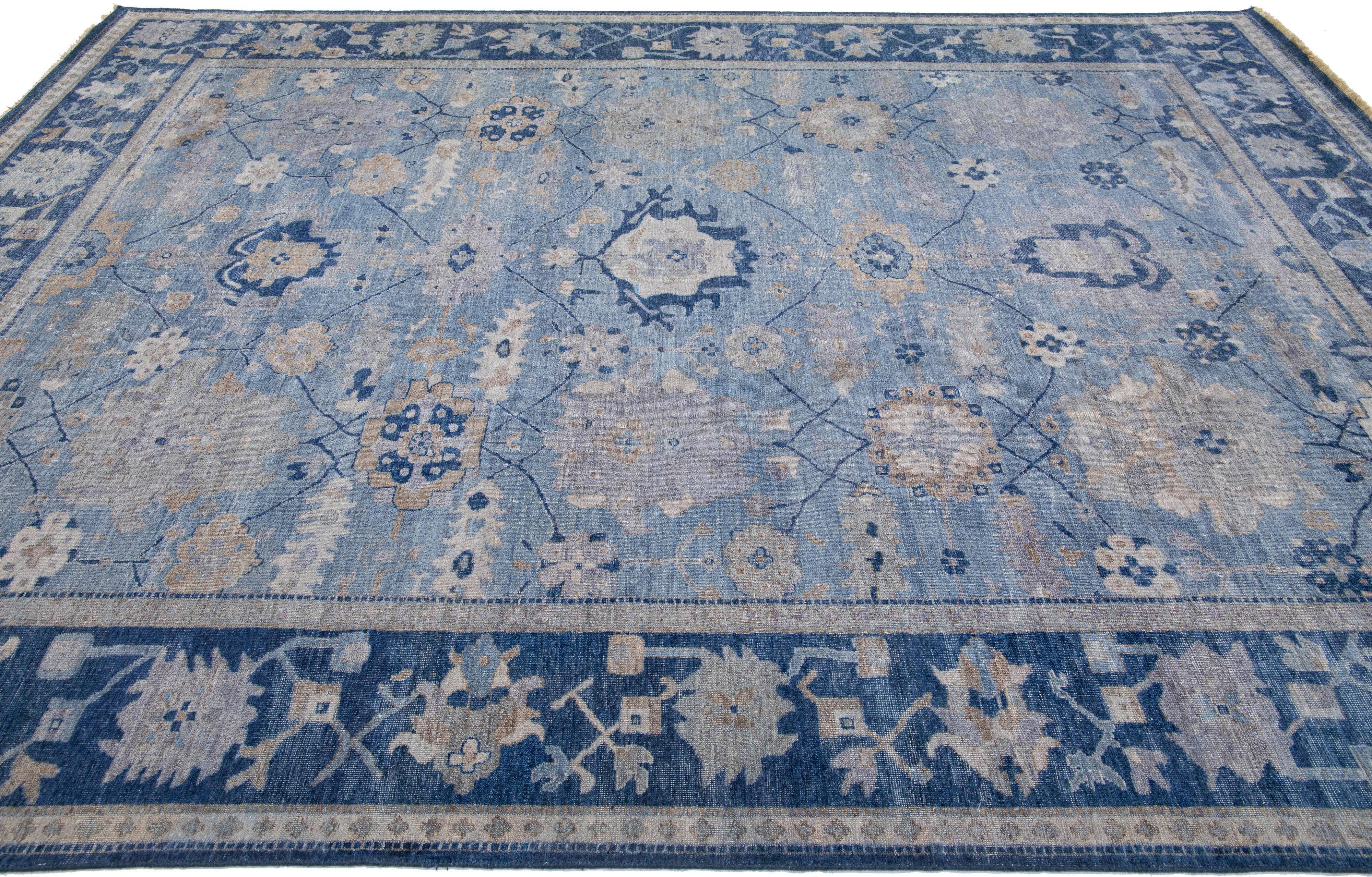 Hand-Knotted Blue Apadana's Artisan Collection Handmade Floral Designed Wool Rug For Sale