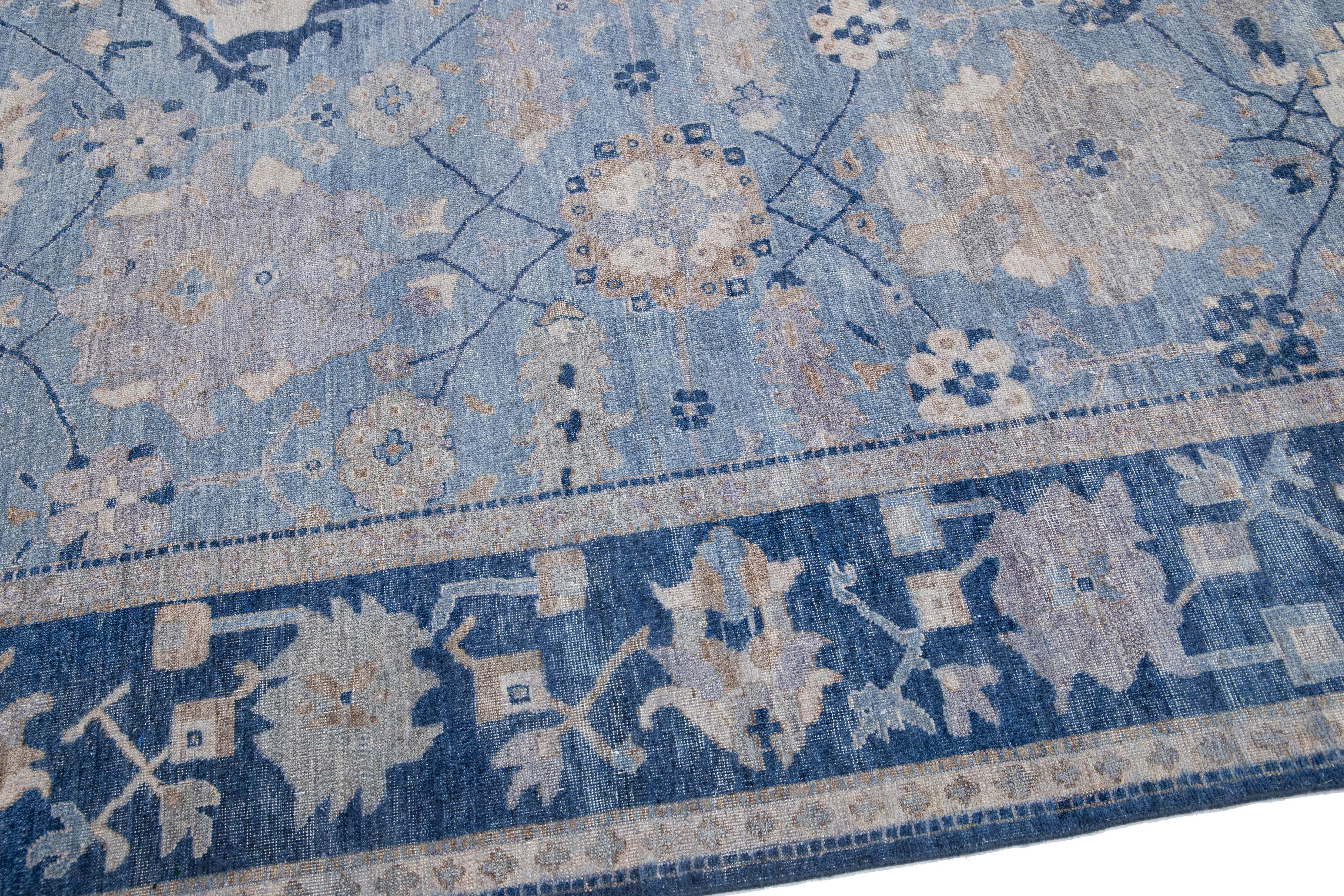 Blue Apadana's Artisan Collection Handmade Floral Designed Wool Rug In New Condition For Sale In Norwalk, CT