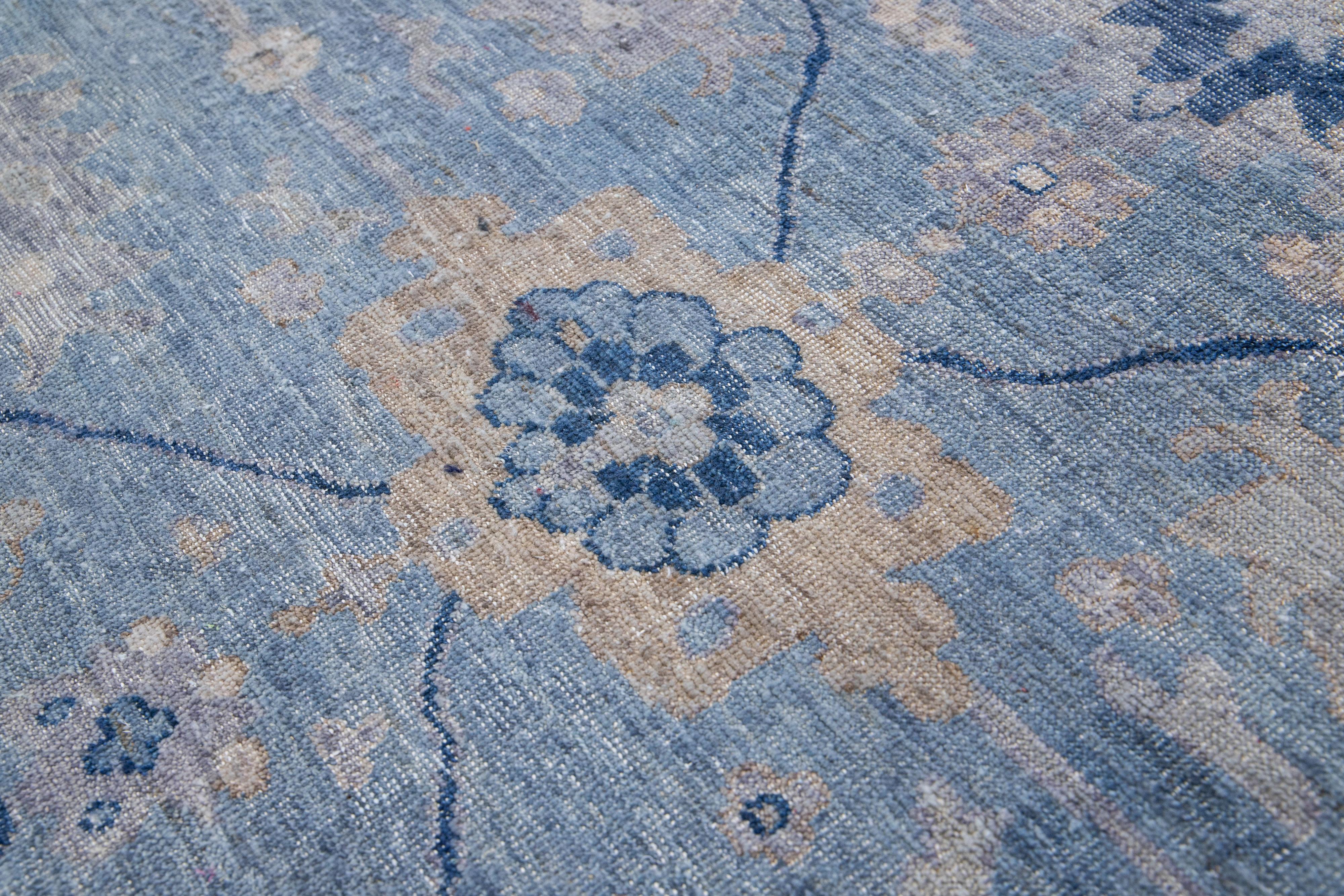 Contemporary Blue Apadana's Artisan Collection Handmade Floral Designed Wool Rug For Sale