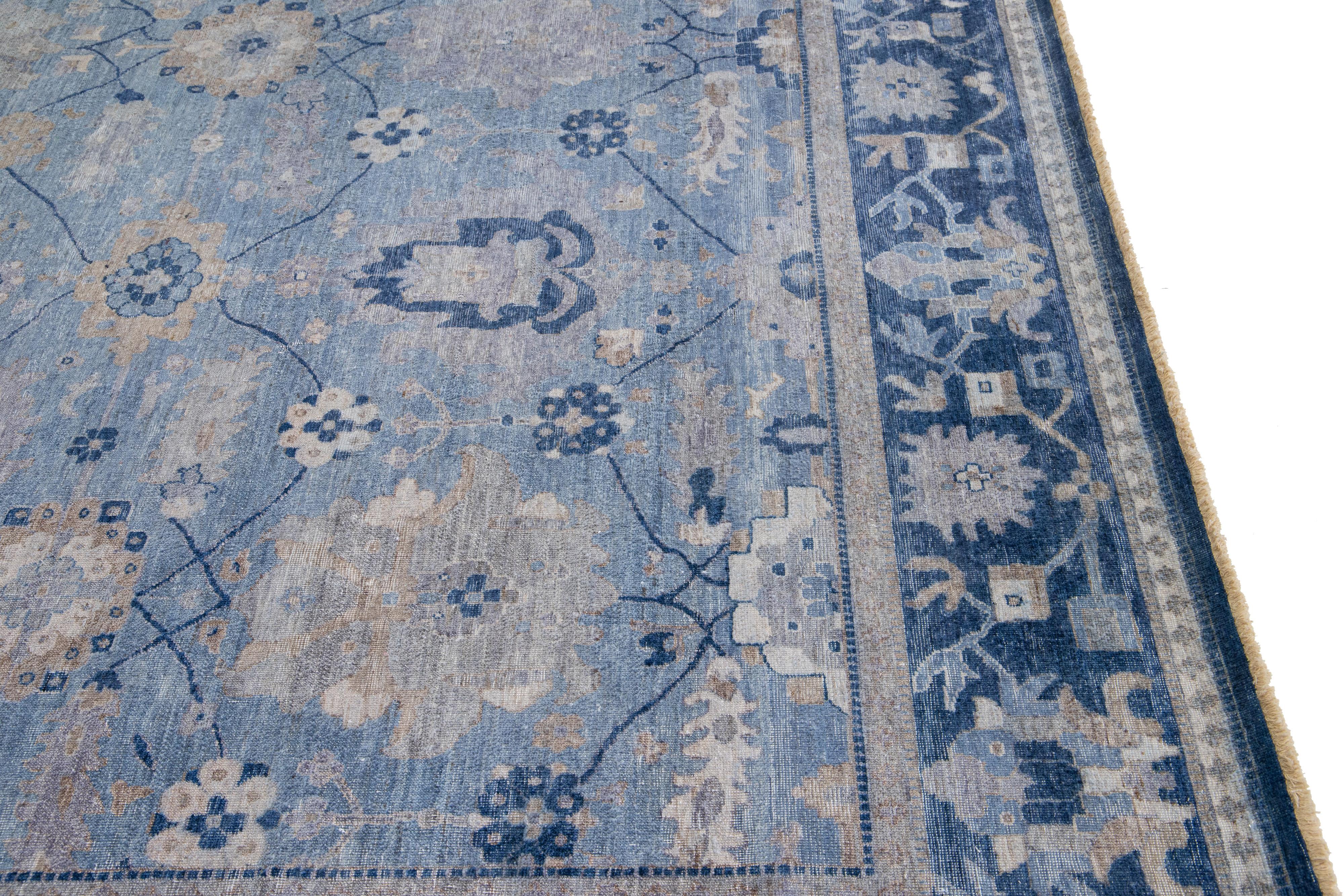 Blue Apadana's Artisan Collection Handmade Floral Designed Wool Rug For Sale 2