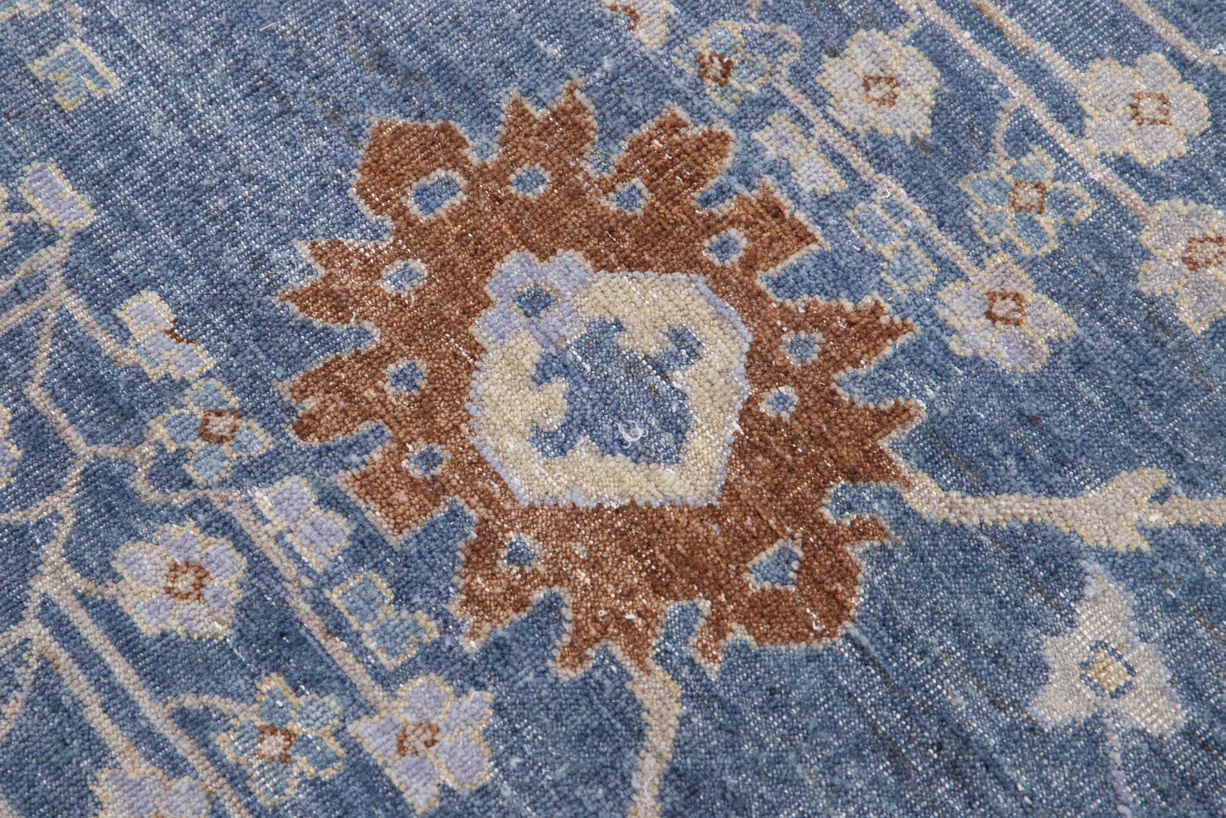 Blue Apadana's Artisan Collection Handmade Floral Wool Rug For Sale 3