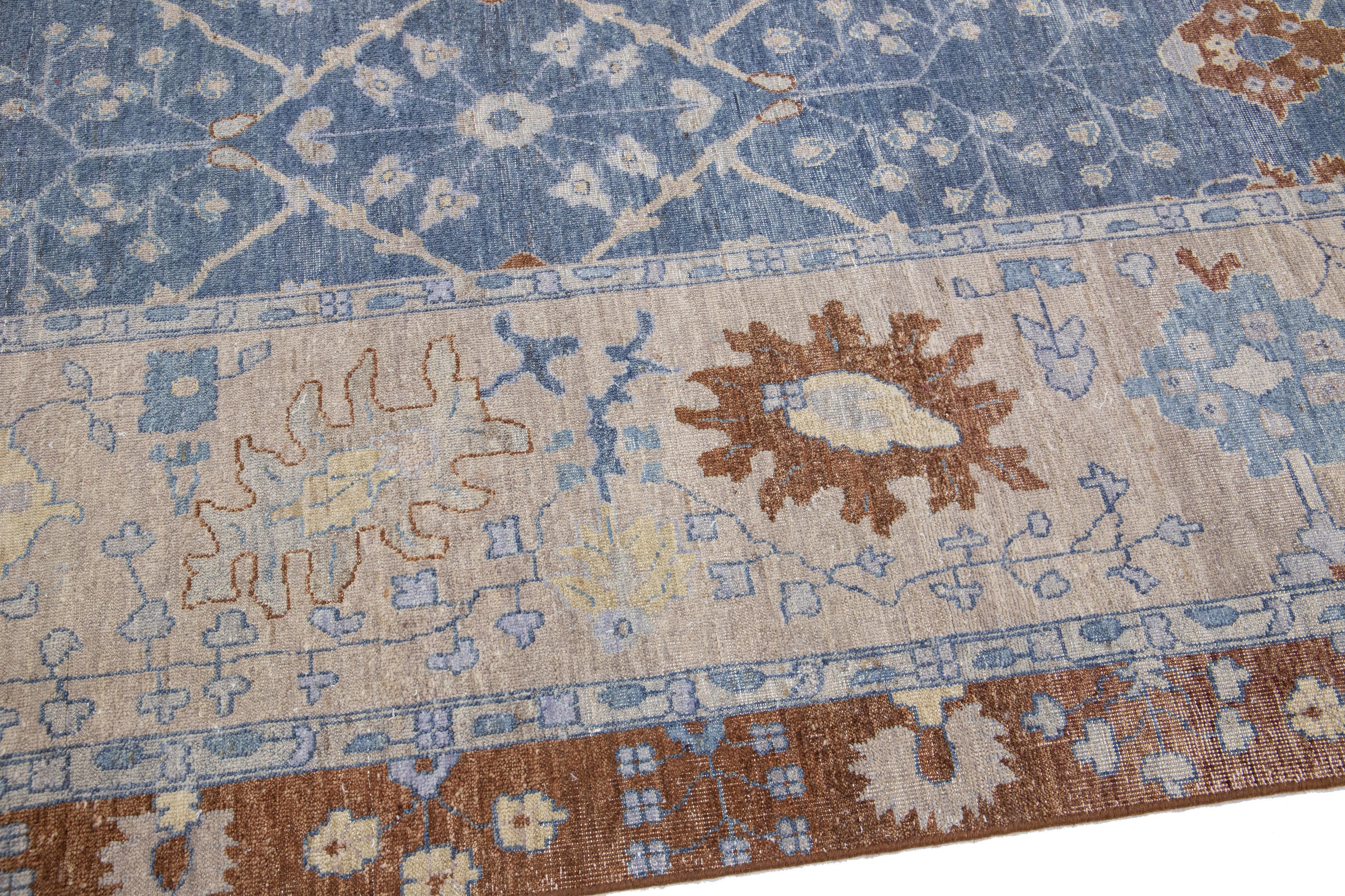 Blue Apadana's Artisan Collection Handmade Floral Wool Rug In New Condition For Sale In Norwalk, CT