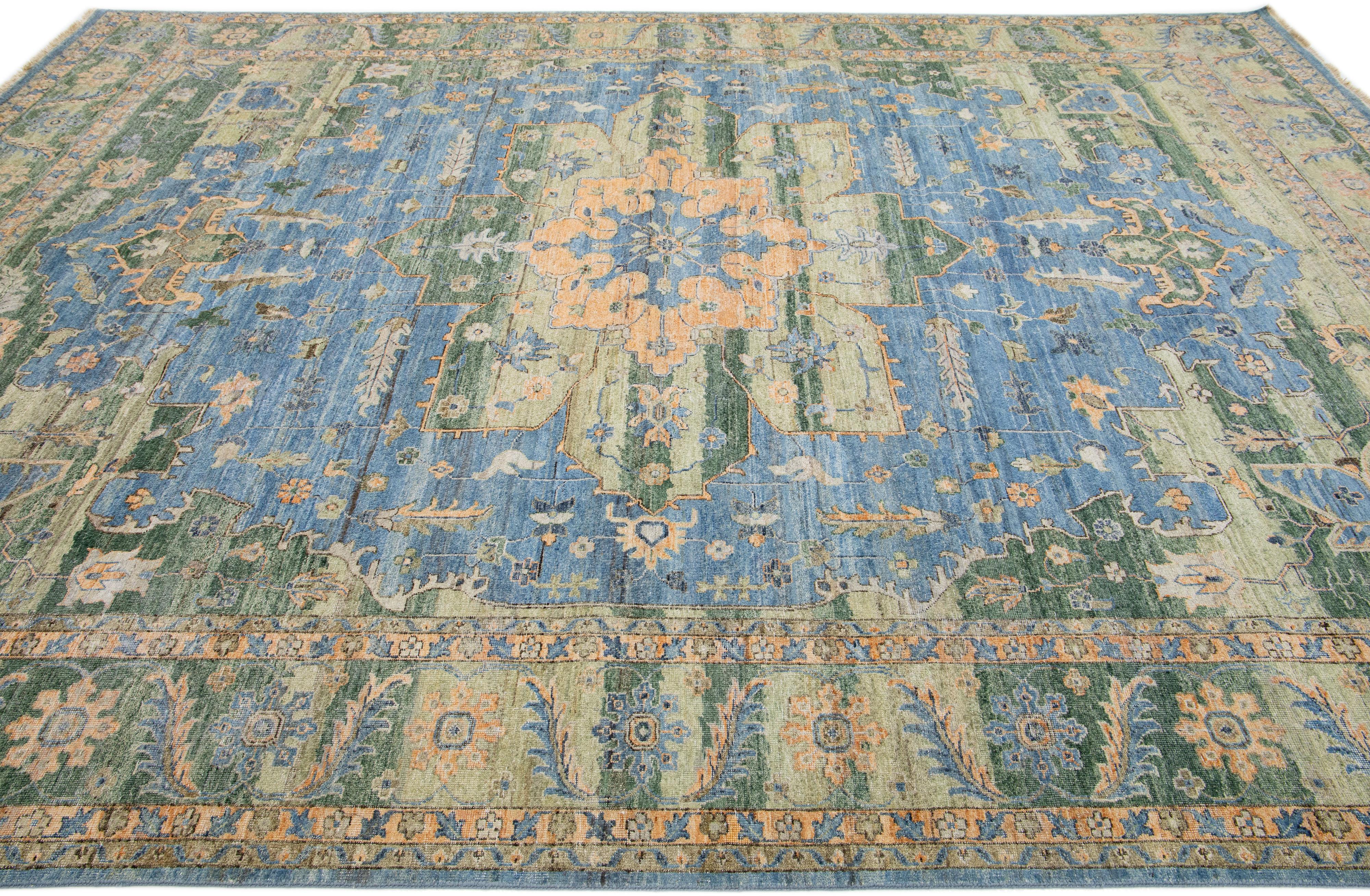 Indian Blue Apadana's Persian Tabriz Style Wool Rug with Medallion Motif For Sale