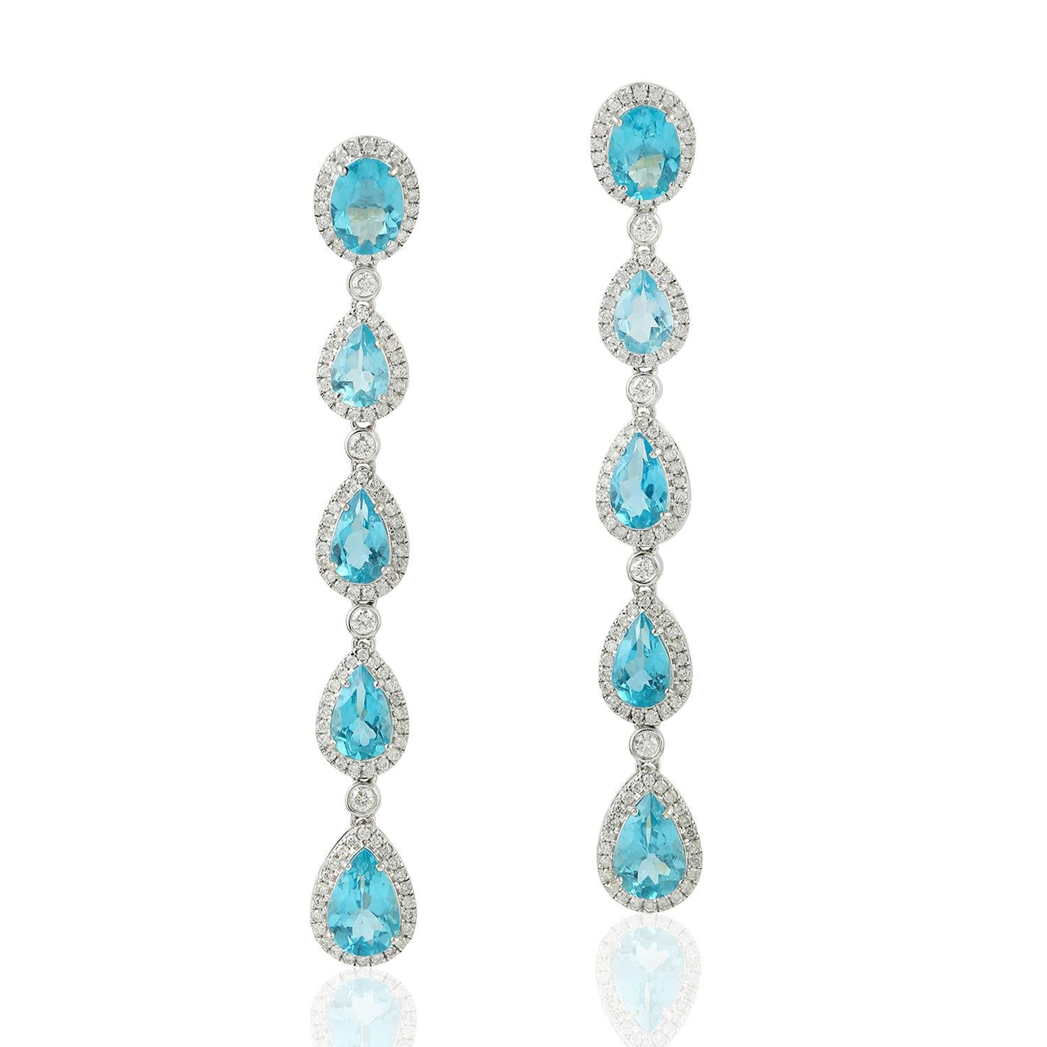 Pear Cut Blue Apatite 18 Karat Gold Diamond Earrings For Sale