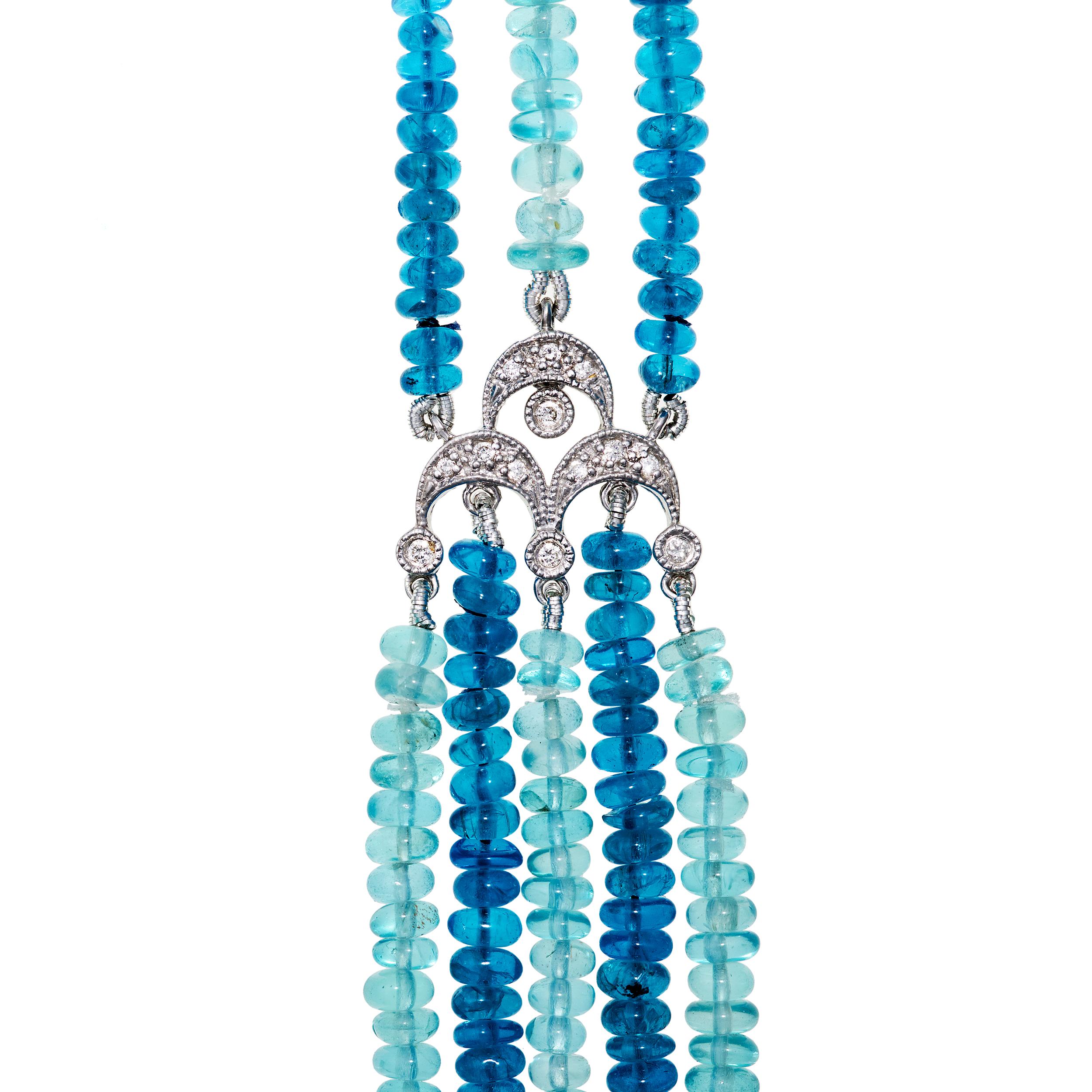Modern Blue Apatite and Diamond Multi-Strand Necklace in 14 Karat White Gold