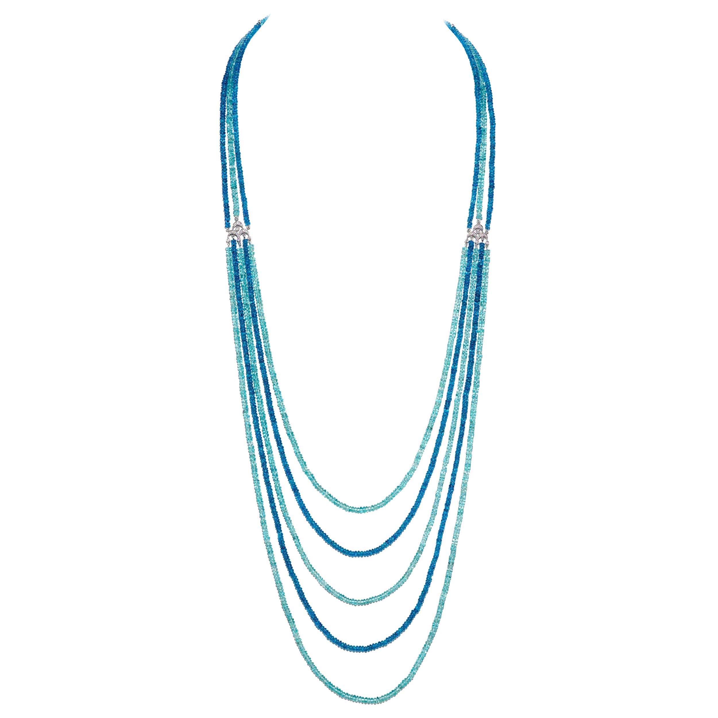 Blue Apatite and Diamond Multi-Strand Necklace in 14 Karat White Gold