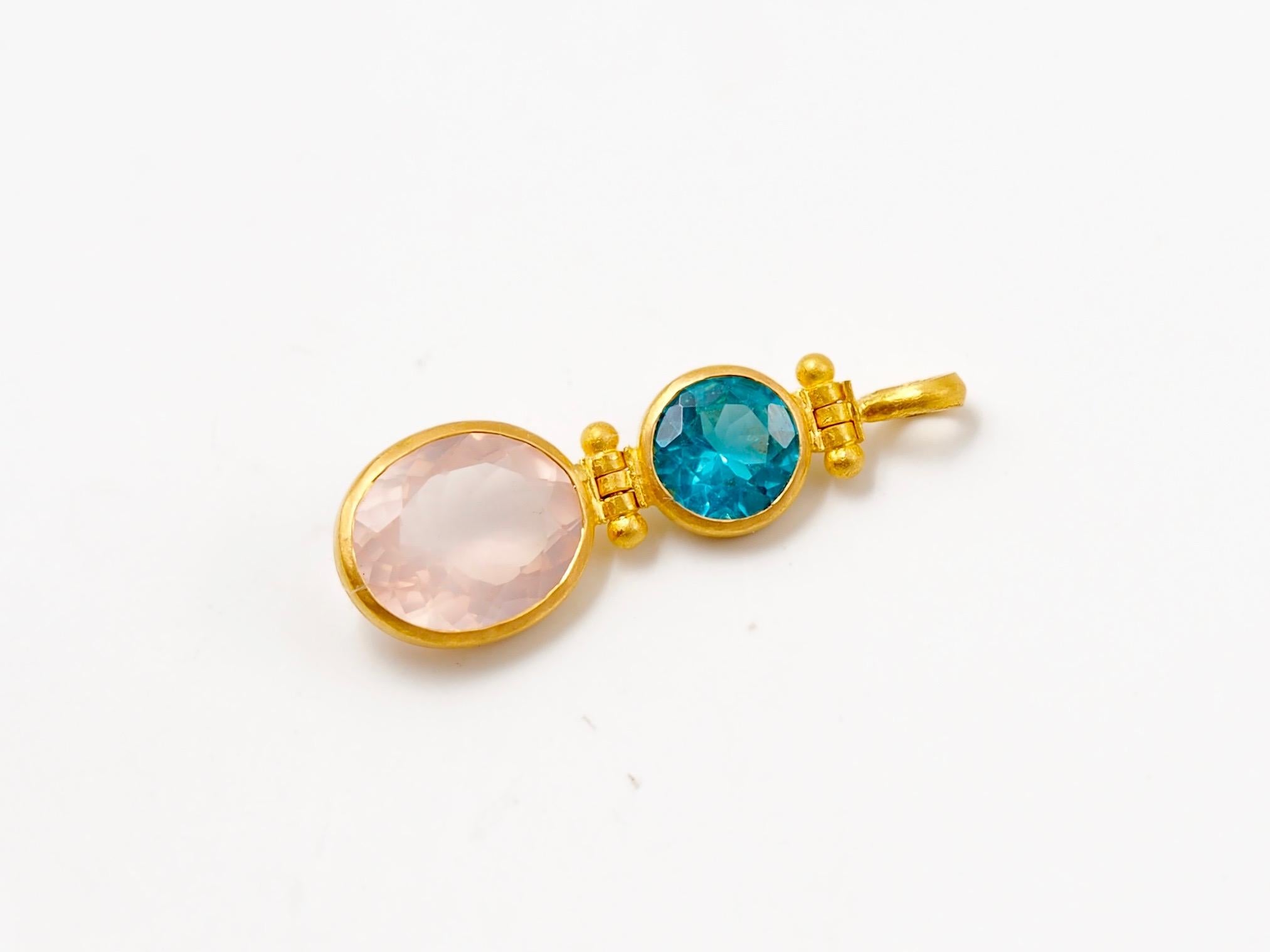 Contemporary Blue Apatite Rose Quartz 22 Karat Gold Double Swivel Pendant