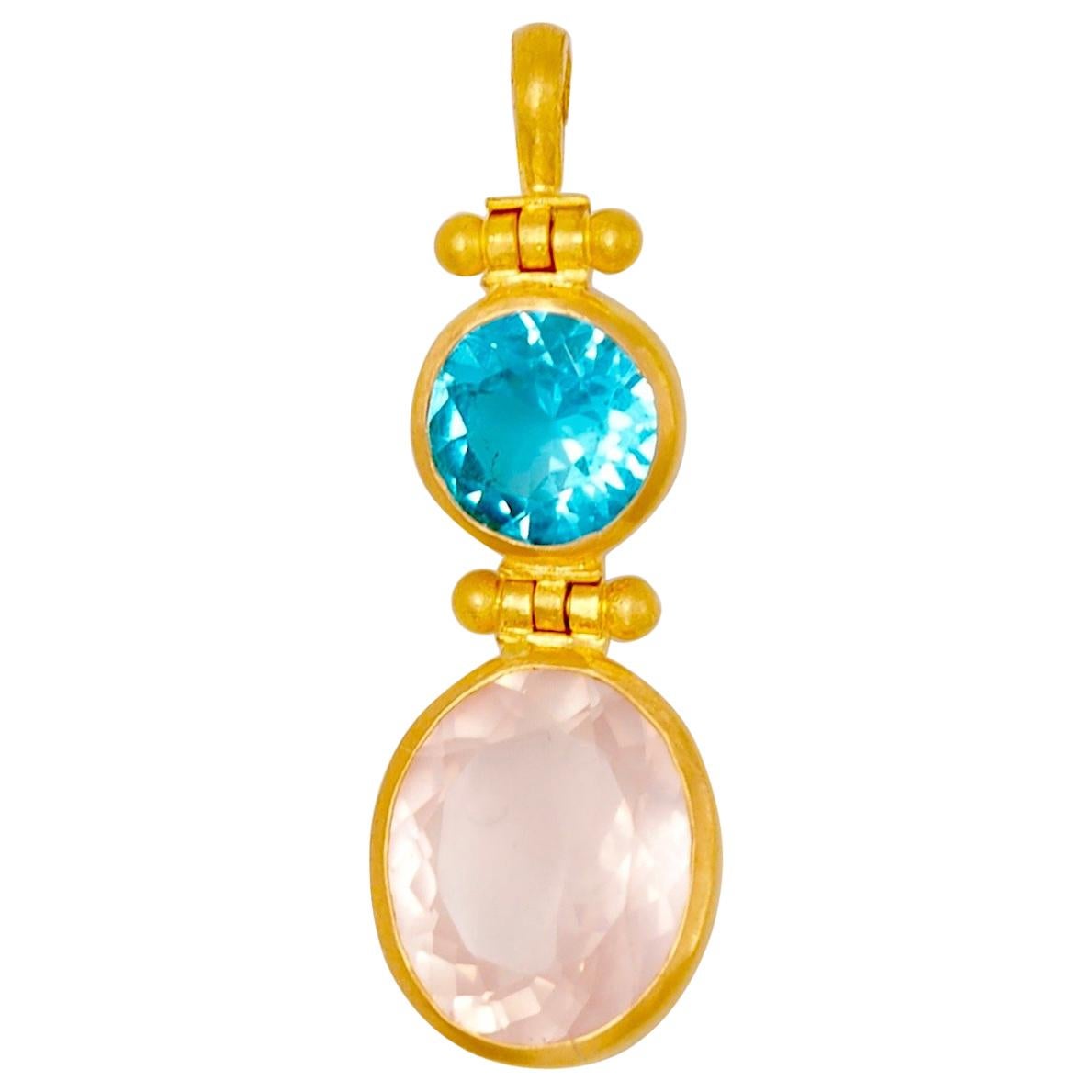 Blue Apatite Rose Quartz 22 Karat Gold Double Swivel Pendant