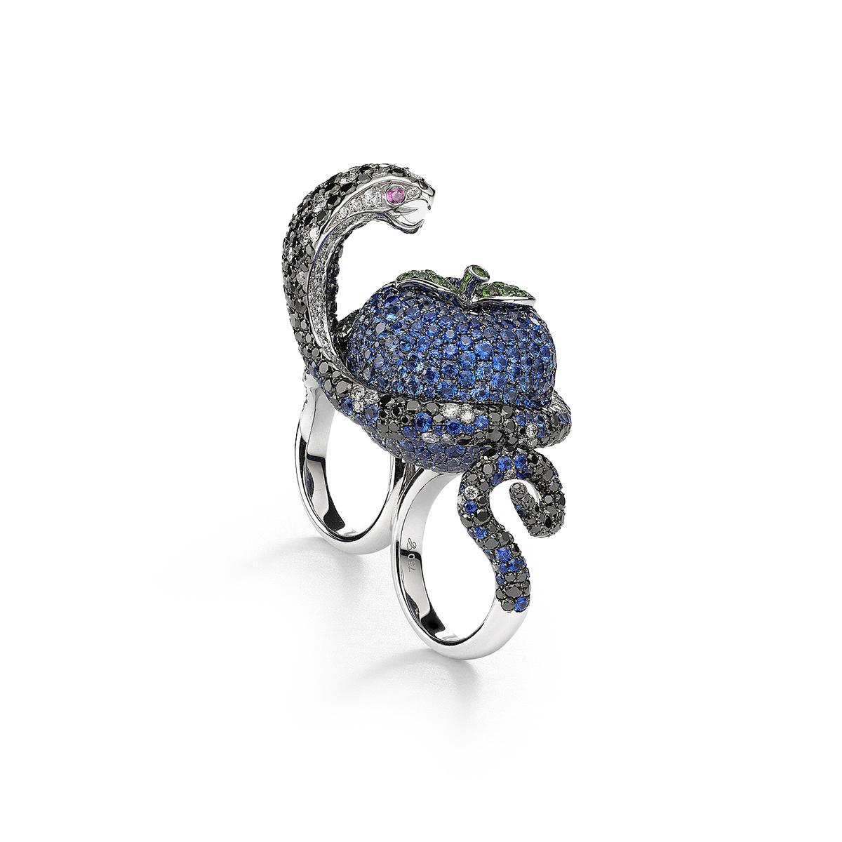 Apple Snake ring in 18kt white gold set with 102 diamonds 1.93 cts, 357  black diamonds 7.02 cts, 466 blue sapphires 11.91 cts, 17 tzavorites 0.30 cts and 2 pink sapphires 0.07 cts Size 55    