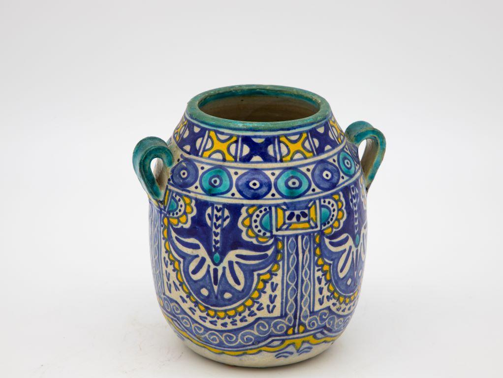 Ceramic Blue, Aqua, and Yellow Handles Vase For Sale