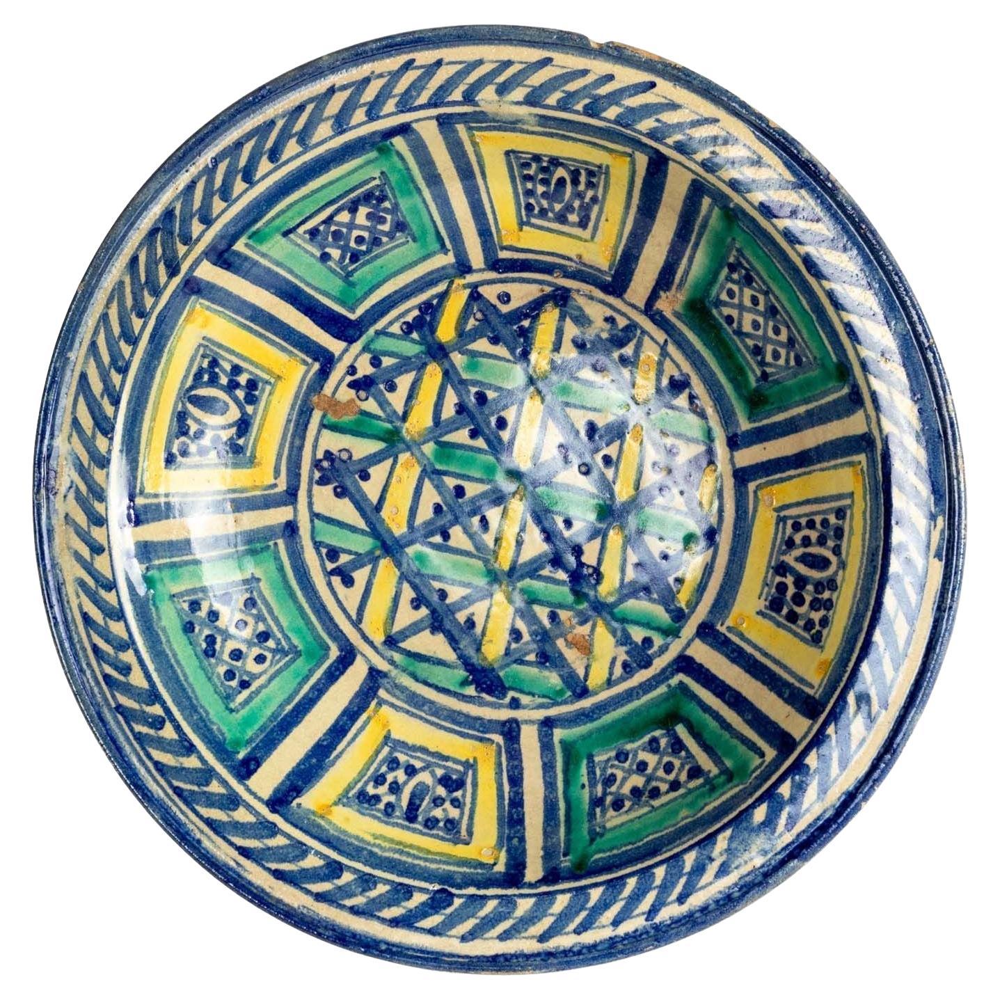 Blue, Aqua and Yellow Moroccan Bowl, early 20th Century For Sale