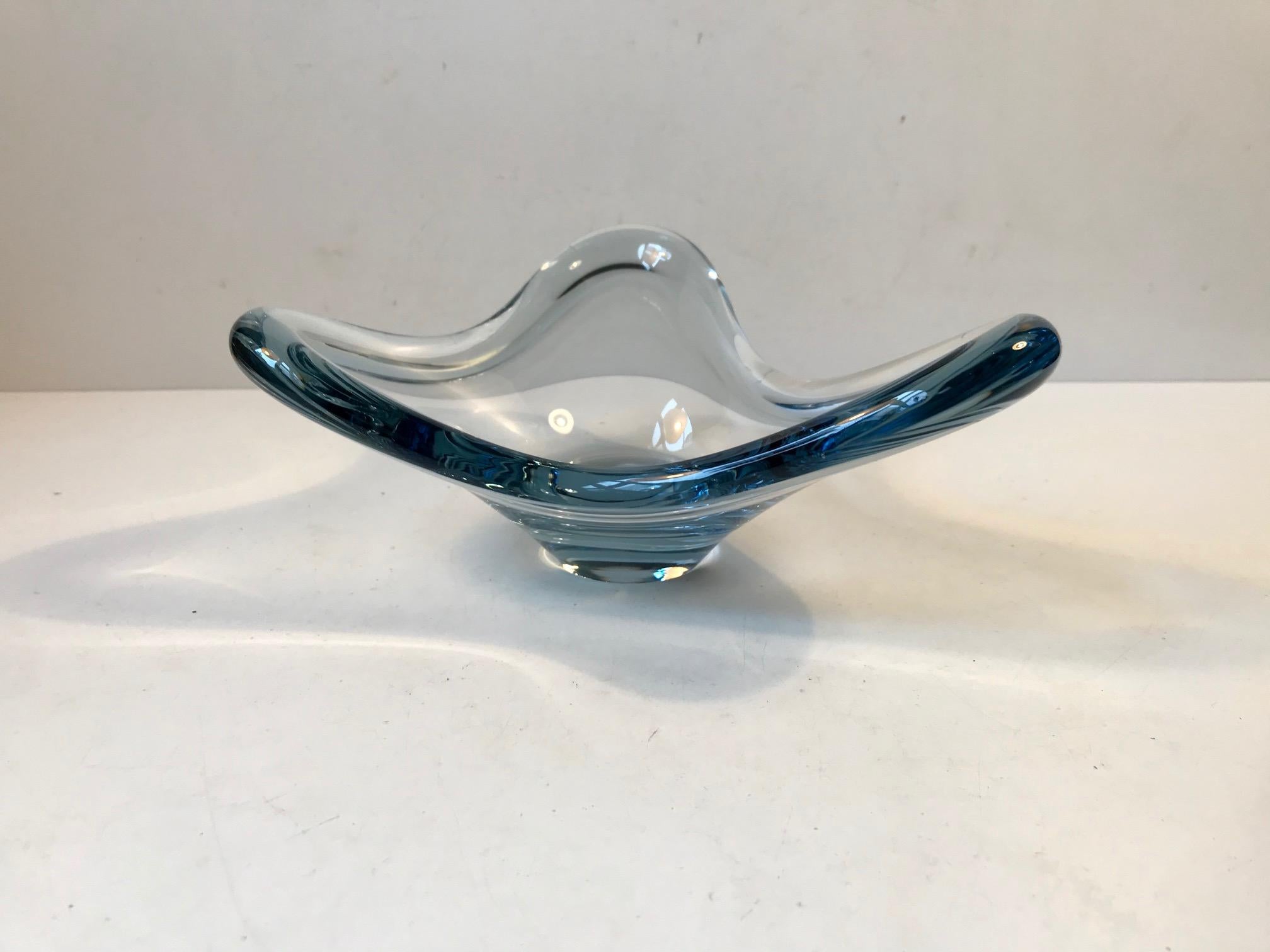 Wavy hand blown aqua blue bowl designed by Per Lütken in 1964. This piece was manufactured at Holmegaard in Denmark during the mid-late 1960s. It is called Aqua or Fionia and it is signed and numbered by the designer.