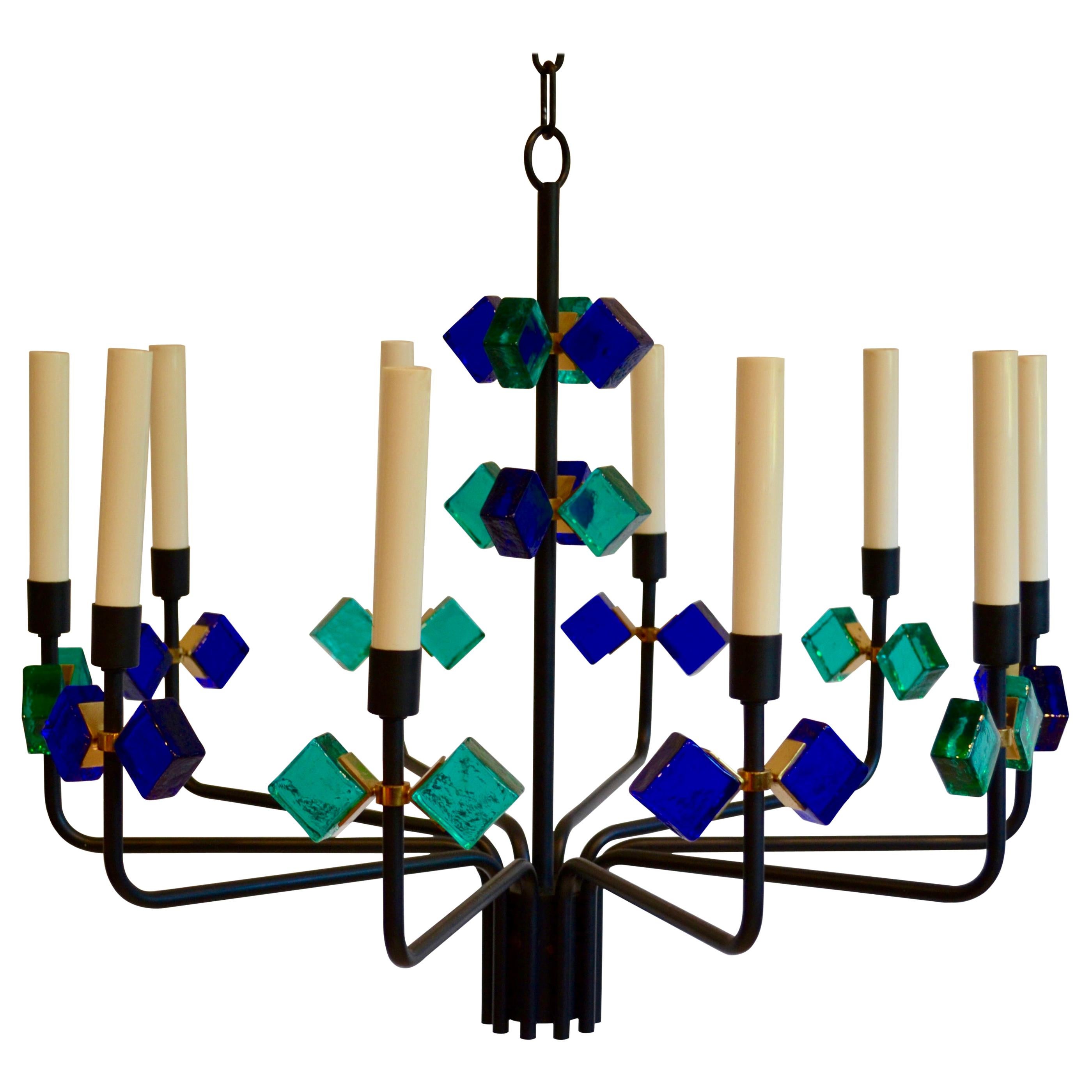 Blue Aqua Marine Glass and Iron Chandelier by Svend Aage Holm Sorensen, Denmark For Sale