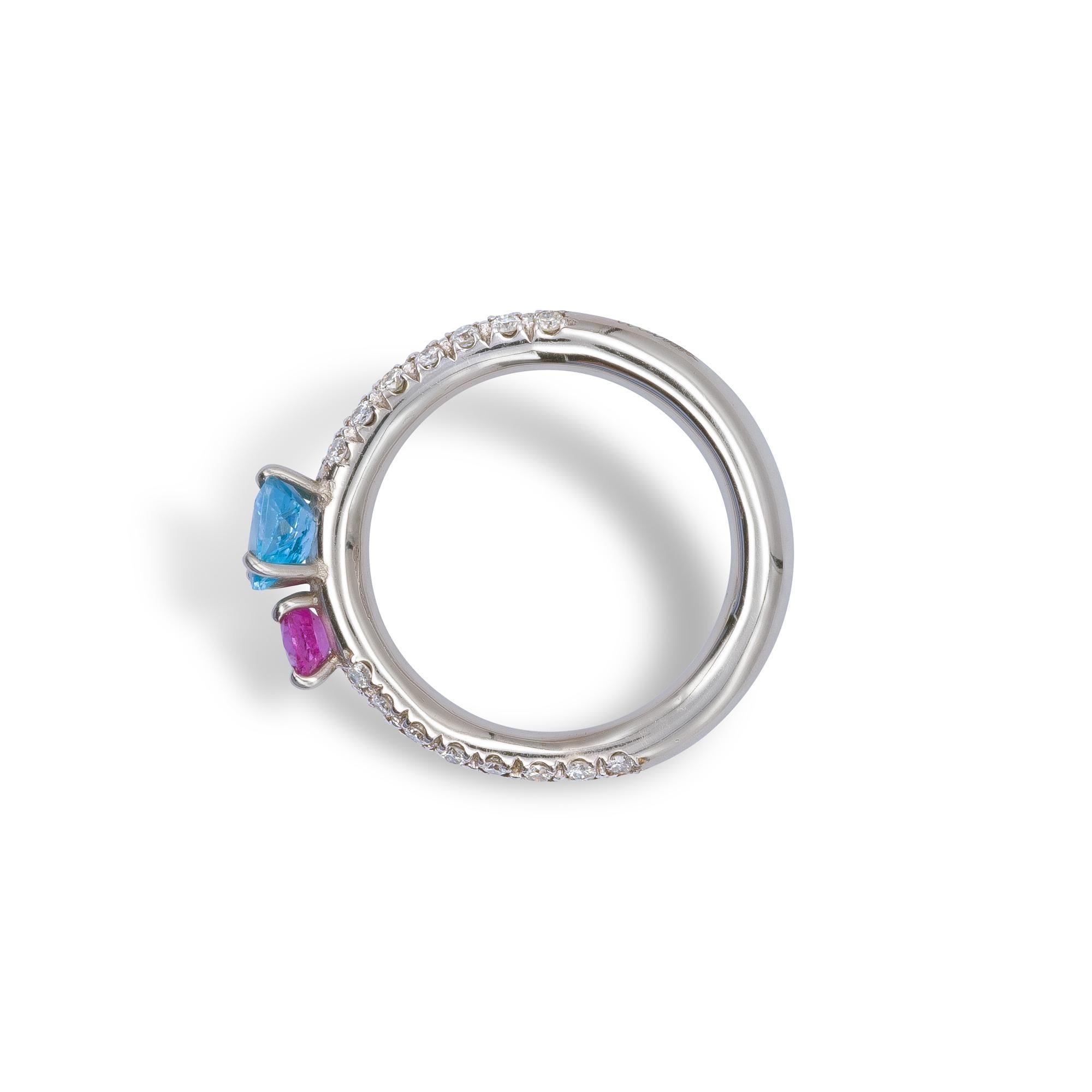 Blue Aquamarine and Pink Sapphire on White Diamonds Pavé d'Avossa Ring For Sale 4