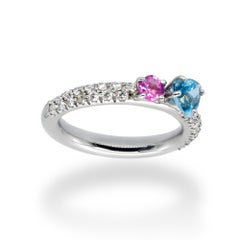 Blue Aquamarine and Pink Sapphire on White Diamonds Pavé d'Avossa Ring