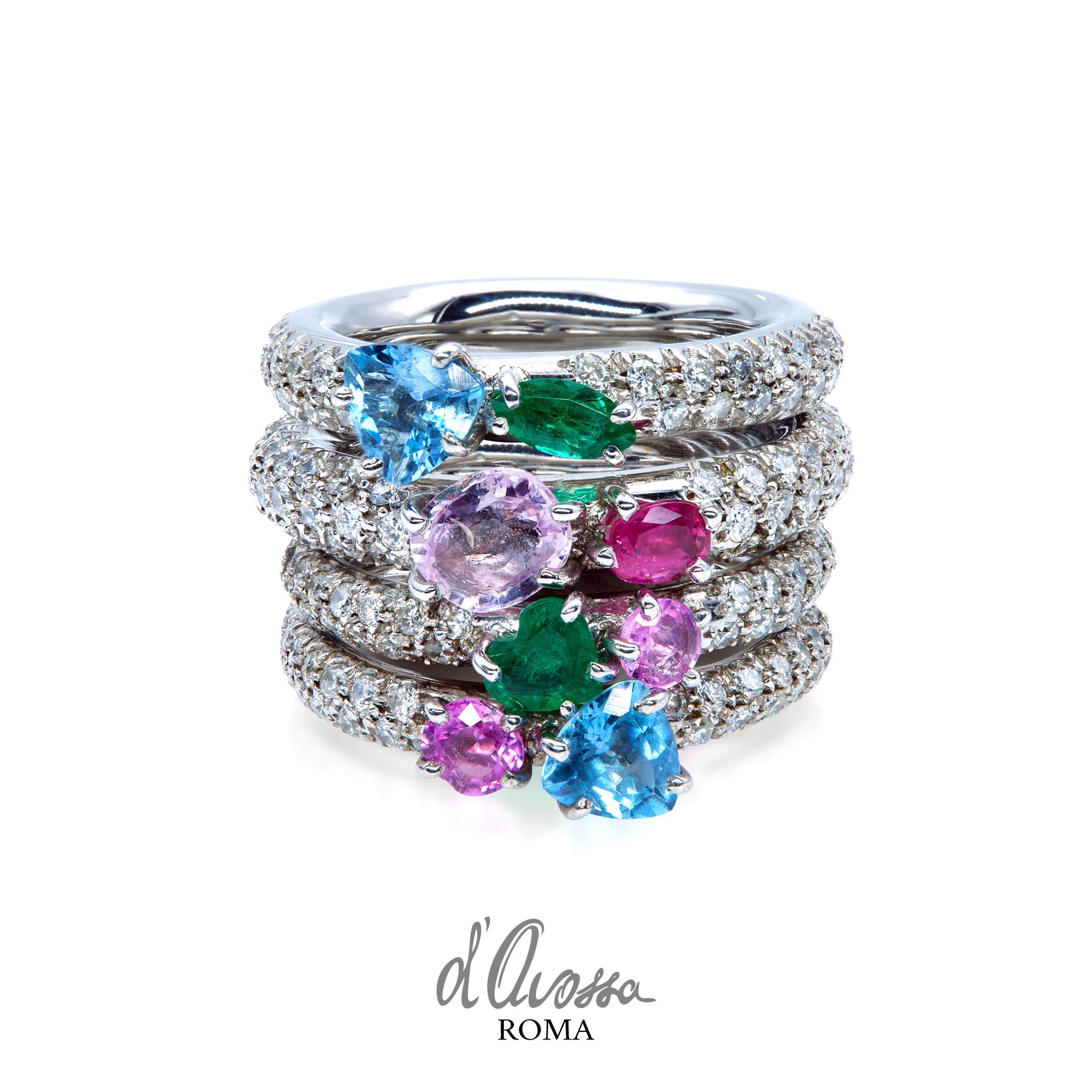 Mixed Cut Blue Aquamarine and Pink Sapphire on White Diamonds Pavé d'Avossa Ring For Sale