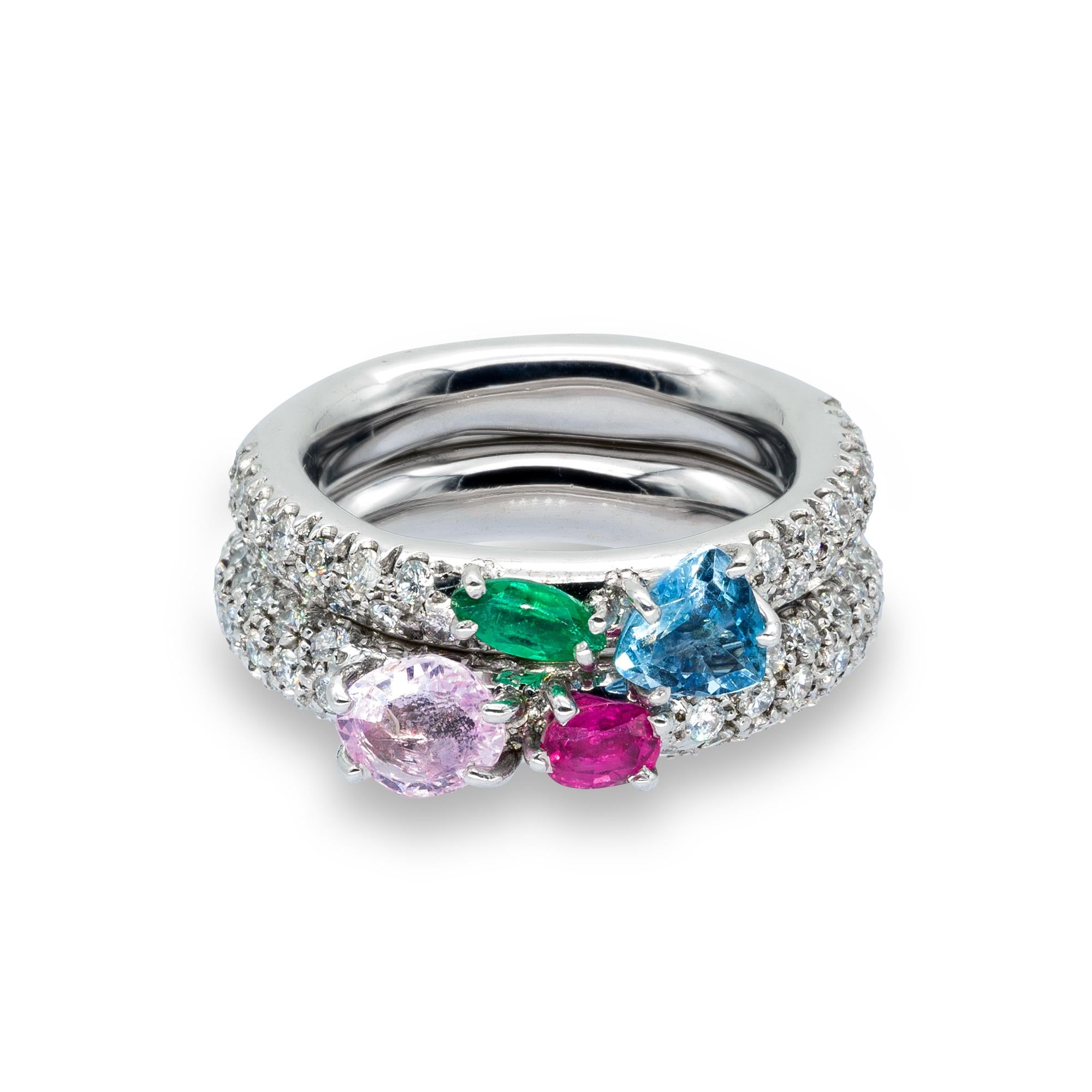 Blue Aquamarine and Pink Sapphire on White Diamonds Pavé d'Avossa Ring In New Condition For Sale In Roma, IT