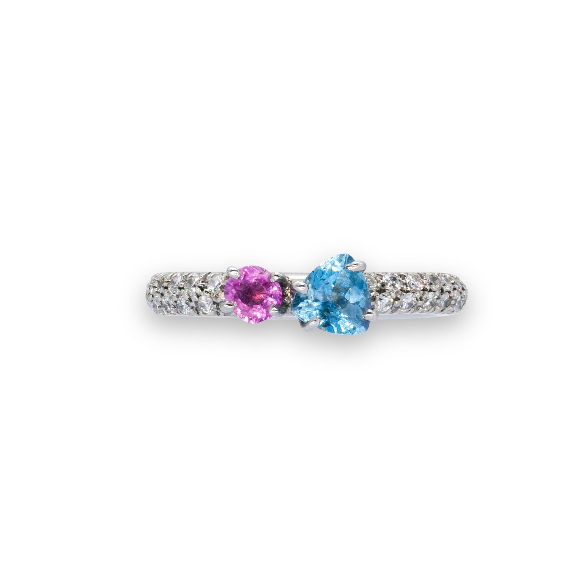 Blue Aquamarine and Pink Sapphire on White Diamonds Pavé d'Avossa Ring For Sale 1