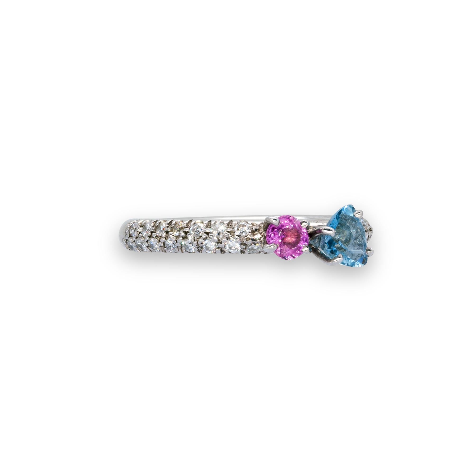 Blue Aquamarine and Pink Sapphire on White Diamonds Pavé d'Avossa Ring For Sale 2