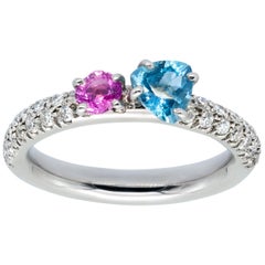Blue Aquamarine and Pink Sapphire on White Diamonds Pavé d'Avossa Ring