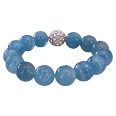 Blue Aquamarine and Swarovski Crystal Round Beaded Stretch Stacking Bracelet 