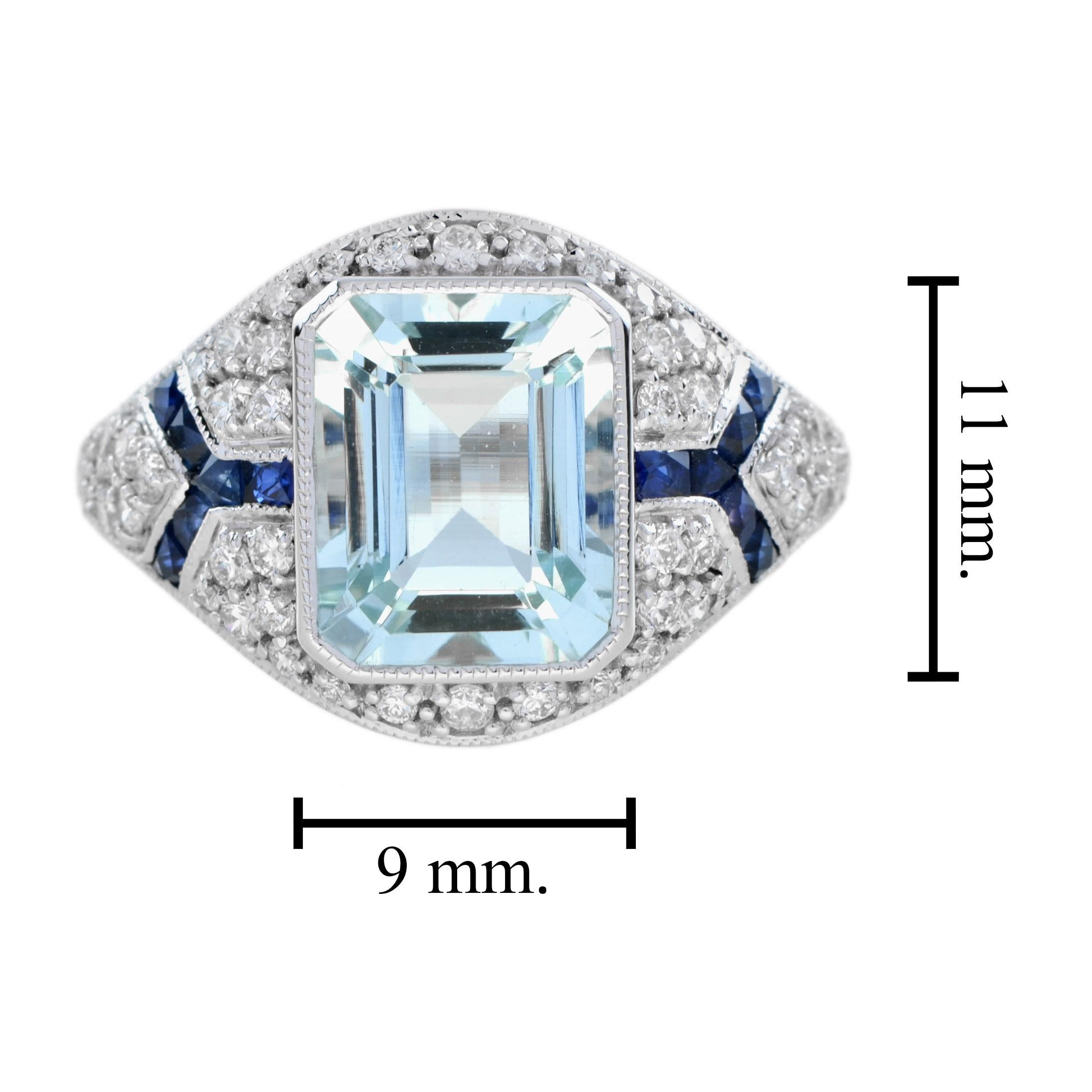 Blauer Aquamarin Blauer Saphir Diamant Art Deco Stil Verlobungsring Weißgold im Angebot 4