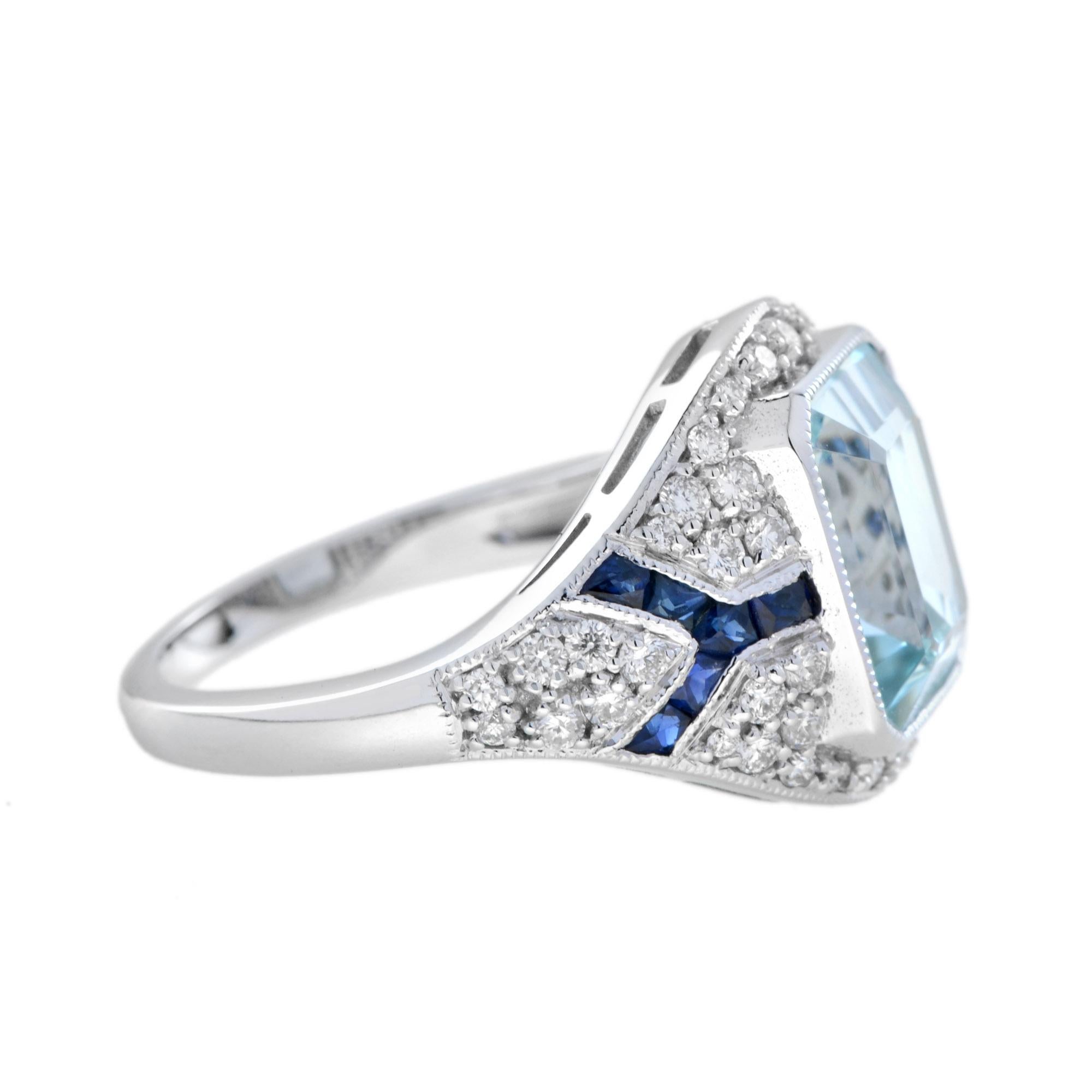 Blauer Aquamarin Blauer Saphir Diamant Art Deco Stil Verlobungsring Weißgold (Art déco) im Angebot