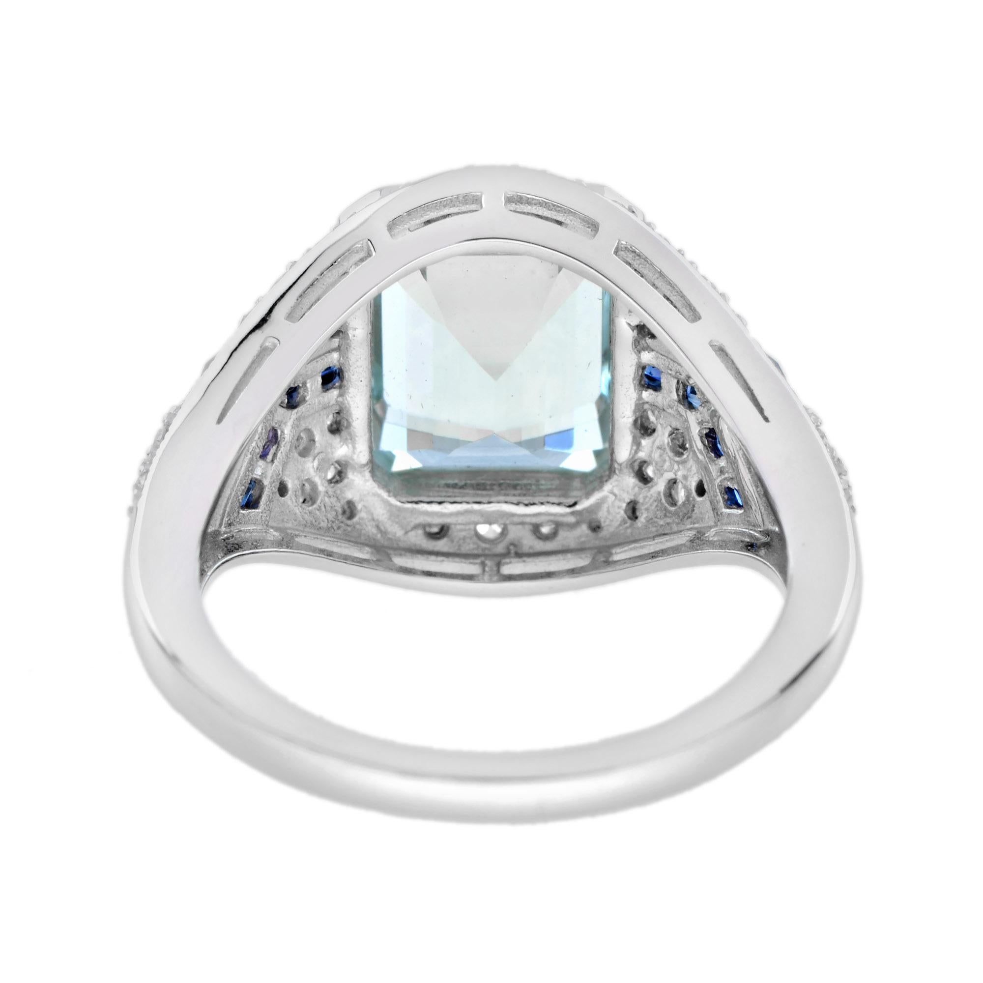 Blauer Aquamarin Blauer Saphir Diamant Art Deco Stil Verlobungsring Weißgold (Smaragdschliff) im Angebot