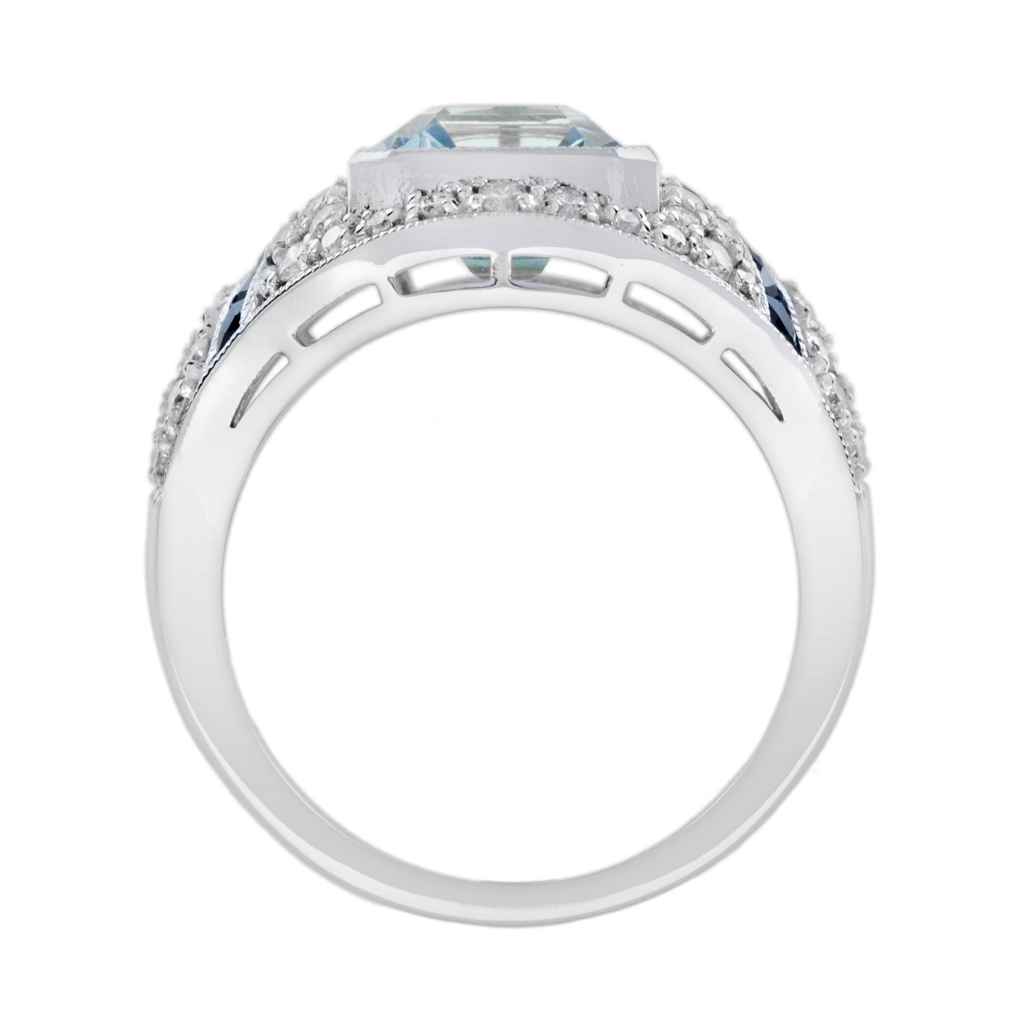 Blauer Aquamarin Blauer Saphir Diamant Art Deco Stil Verlobungsring Weißgold im Zustand „Neu“ im Angebot in Oakton, VA