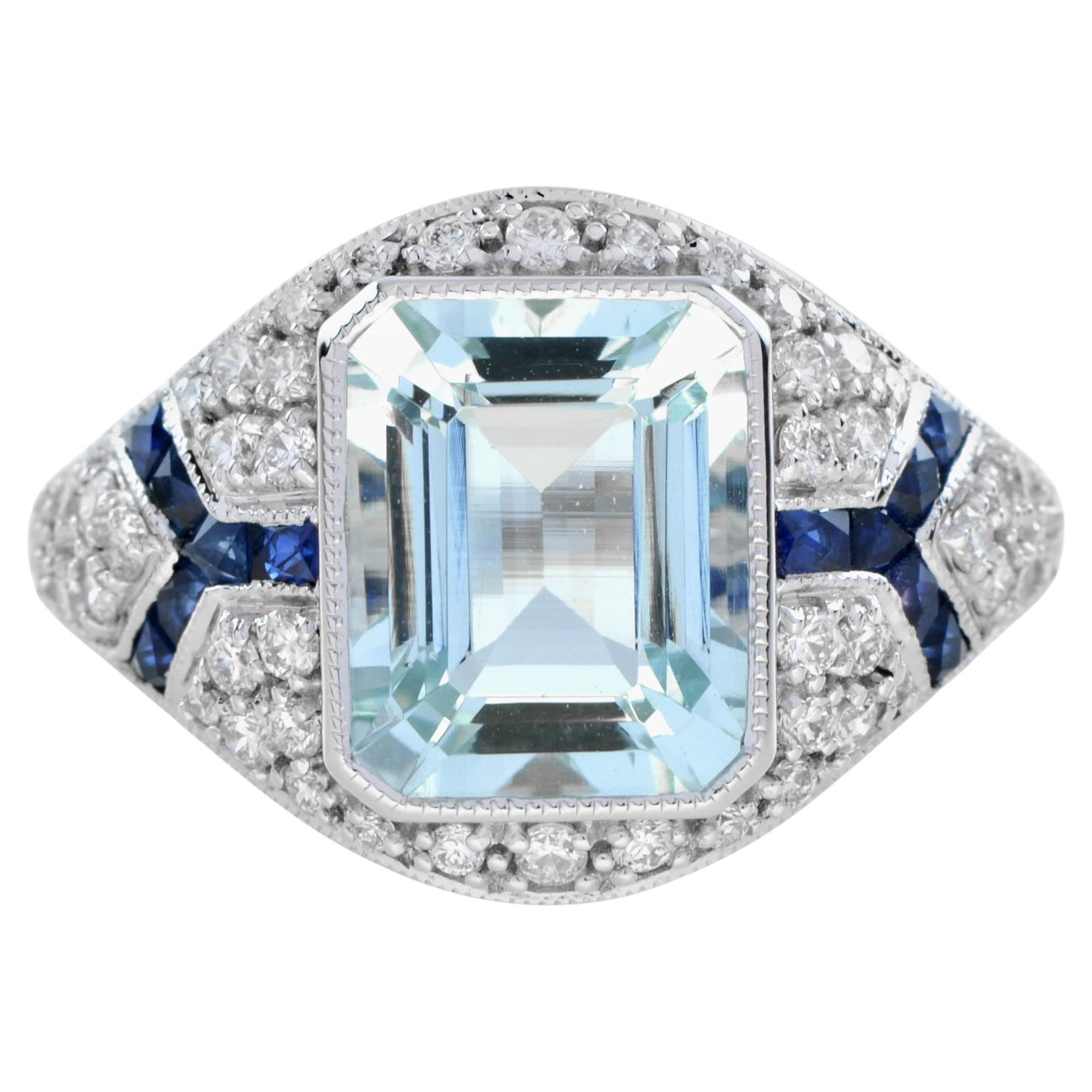 Blue Aquamarine Blue Sapphire Diamond Art Deco Style Engagement White Gold Ring