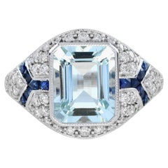 Blauer Aquamarin Blauer Saphir Diamant Art Deco Stil Verlobungsring Weißgold