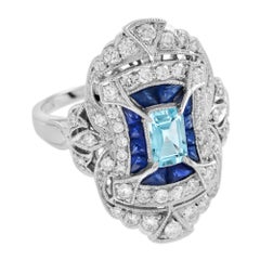Blue Aquamarine Blue Sapphire Diamond Edwardian Style 18K White Gold Ring