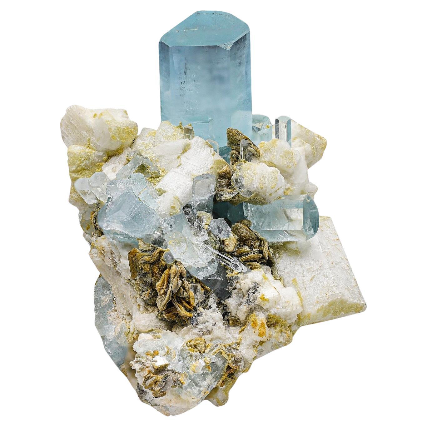 Blue Aquamarine Crystals positioned on Albite Specimen on Matrix from Pakistan For Sale
