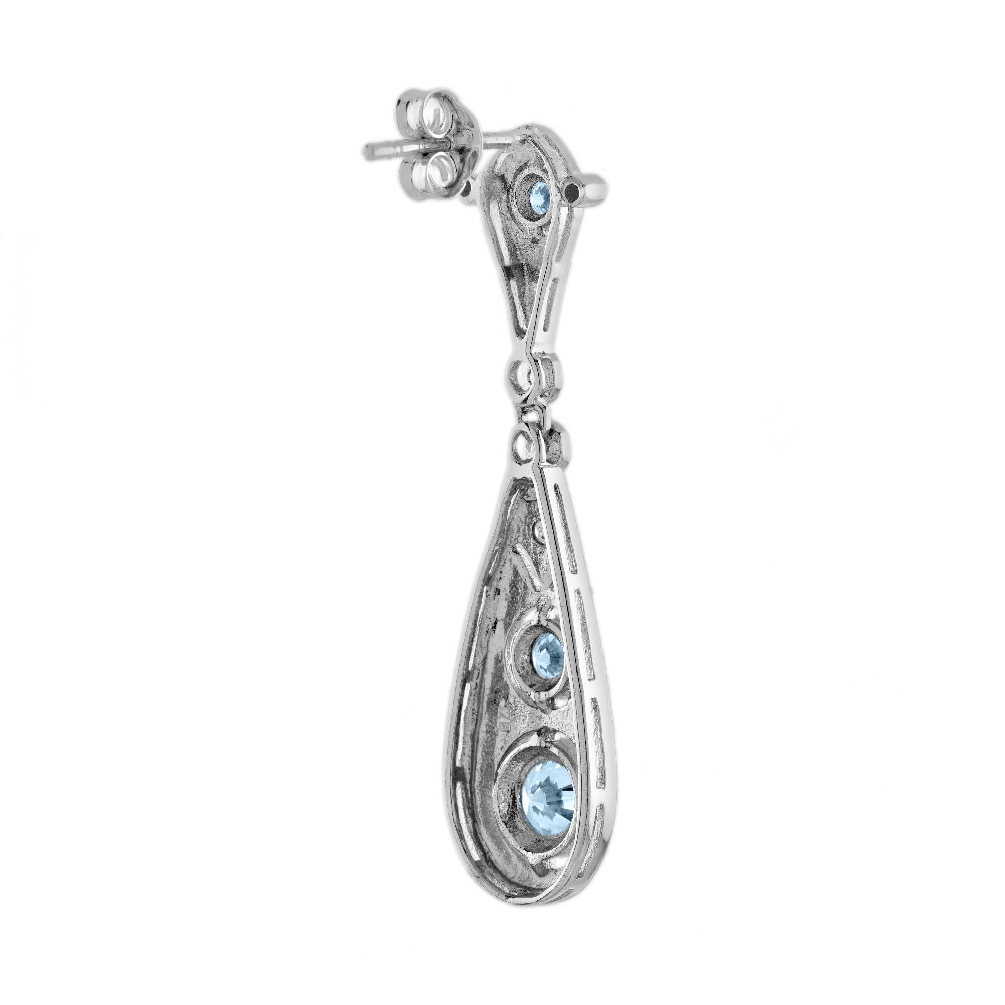 Round Cut Blue Aquamarine & Diamond Edwardian Style Filigree Drop 18K White Gold Earrings For Sale