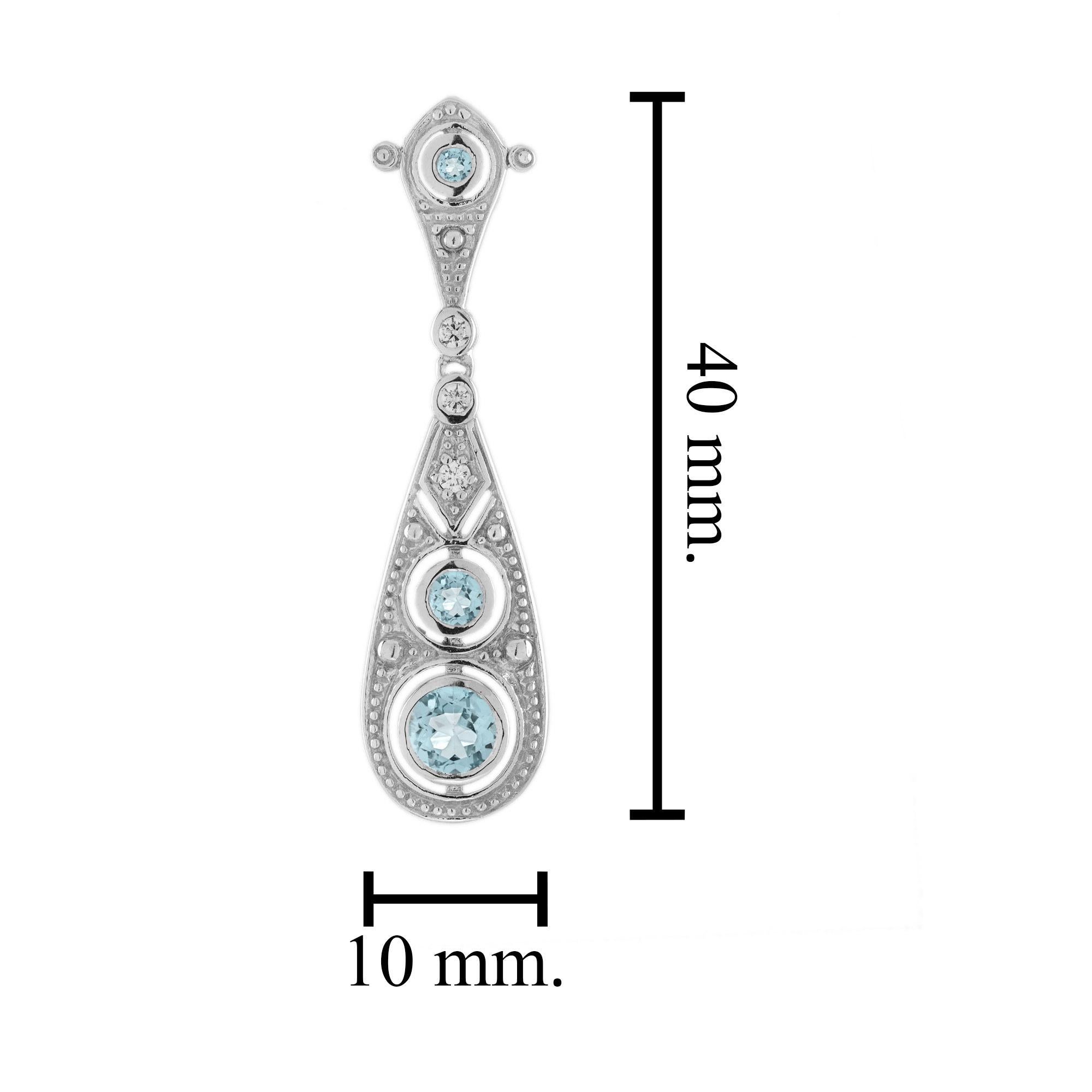 Blue Aquamarine & Diamond Edwardian Style Filigree Drop 18K White Gold Earrings In New Condition For Sale In Oakton, VA