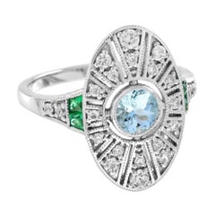 Blue Aquamarine & Diamond Emerald Vintage Inspired Edwardian White Gold Ring