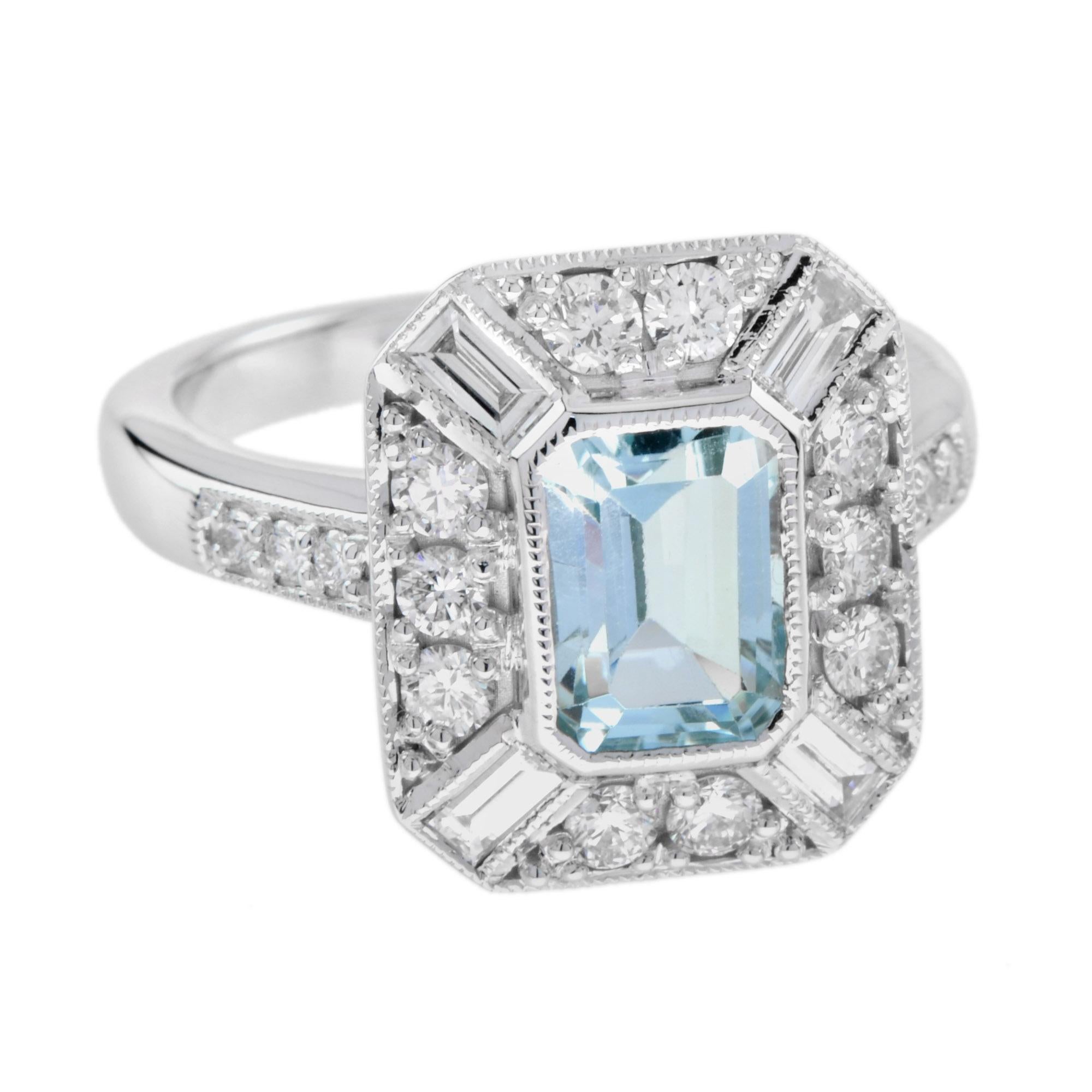 Simply stunning! Exquisitely crafted in 14K white gold, the ring features emerald cut 1.5 carat aquamarine surrounded by .88 carat round and baguette diamonds. This Art Deco inspired ring is a perfect piece for an engagement ring, or to commemorate