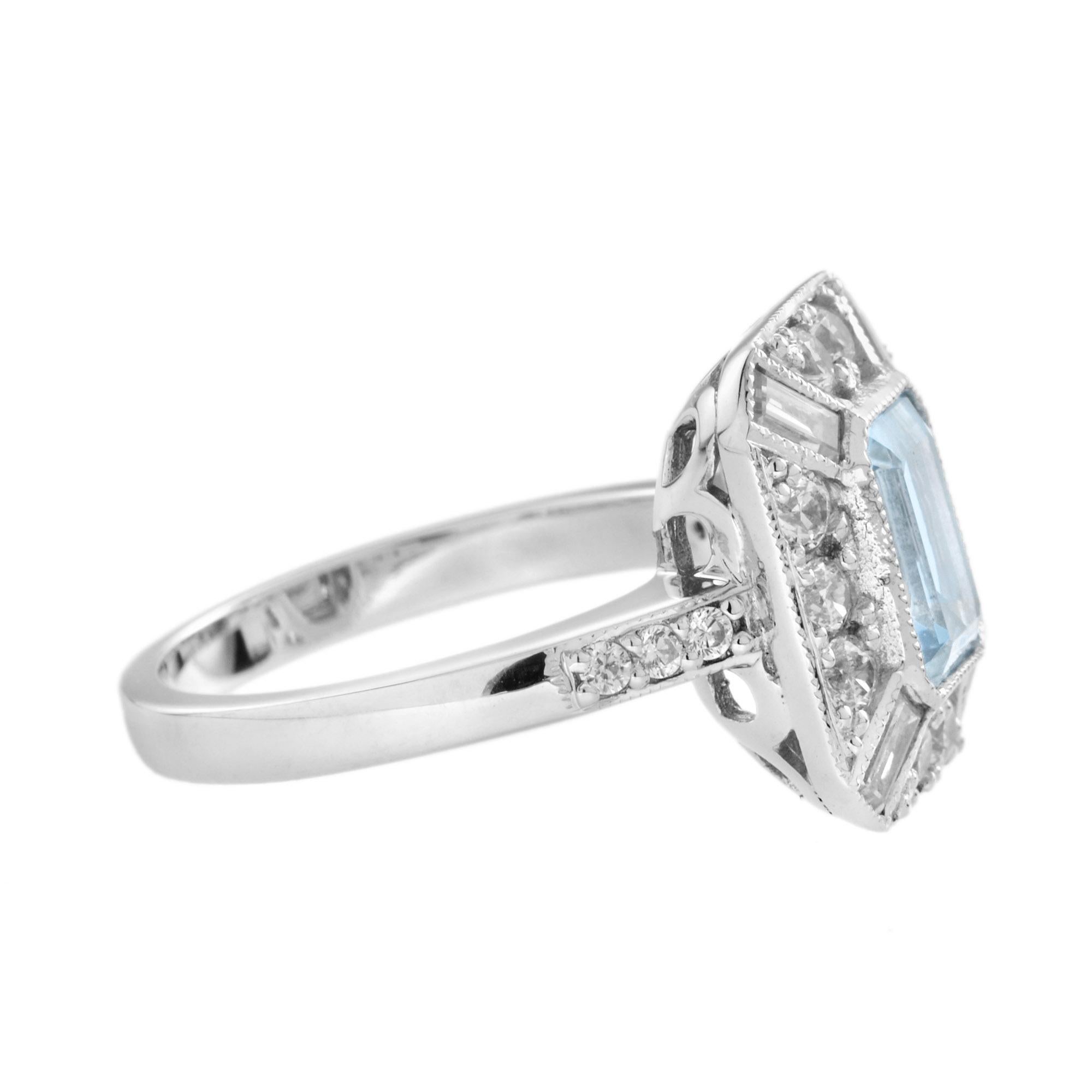 Emerald Cut Blue Aquamarine & Diamond Halo Art Deco Style Engagement 14K White Gold Ring For Sale
