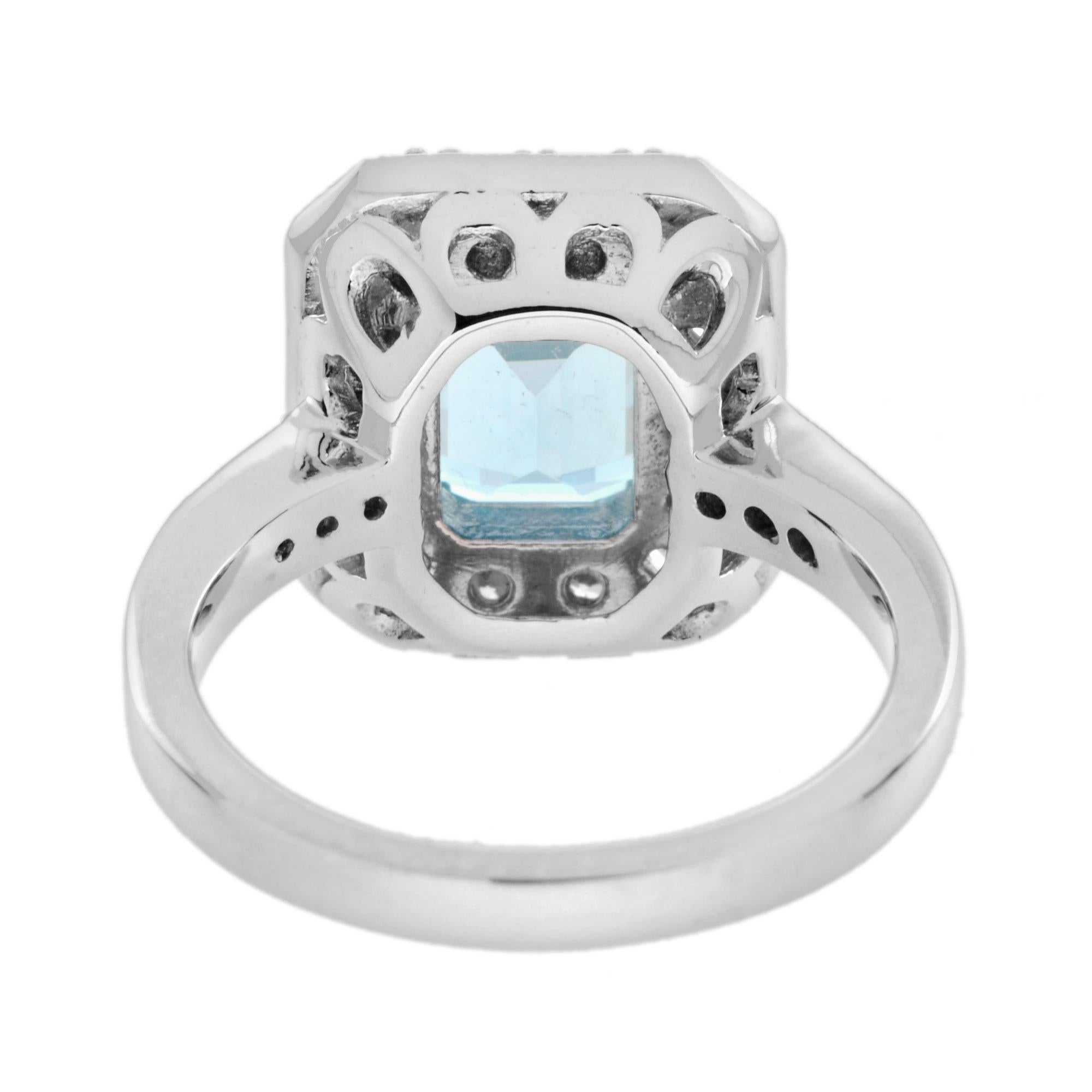 Blue Aquamarine & Diamond Halo Art Deco Style Engagement 14K White Gold Ring In New Condition For Sale In Oakton, VA