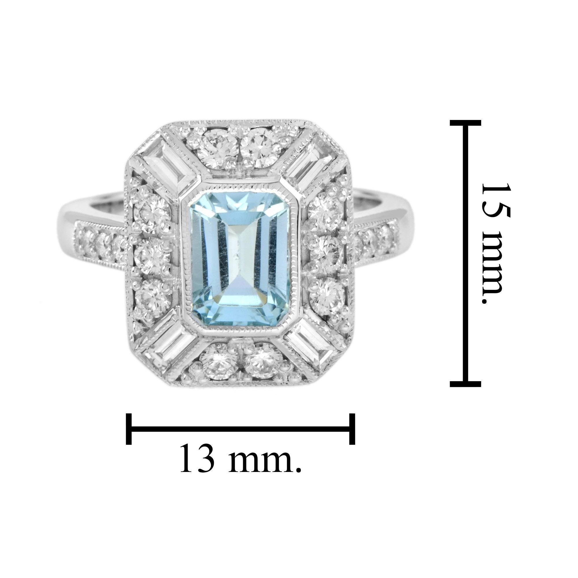 Blue Aquamarine & Diamond Halo Art Deco Style Engagement 14K White Gold Ring For Sale 1