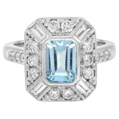 Blue Aquamarine & Diamond Halo Art Deco Style Engagement 14K White Gold Ring