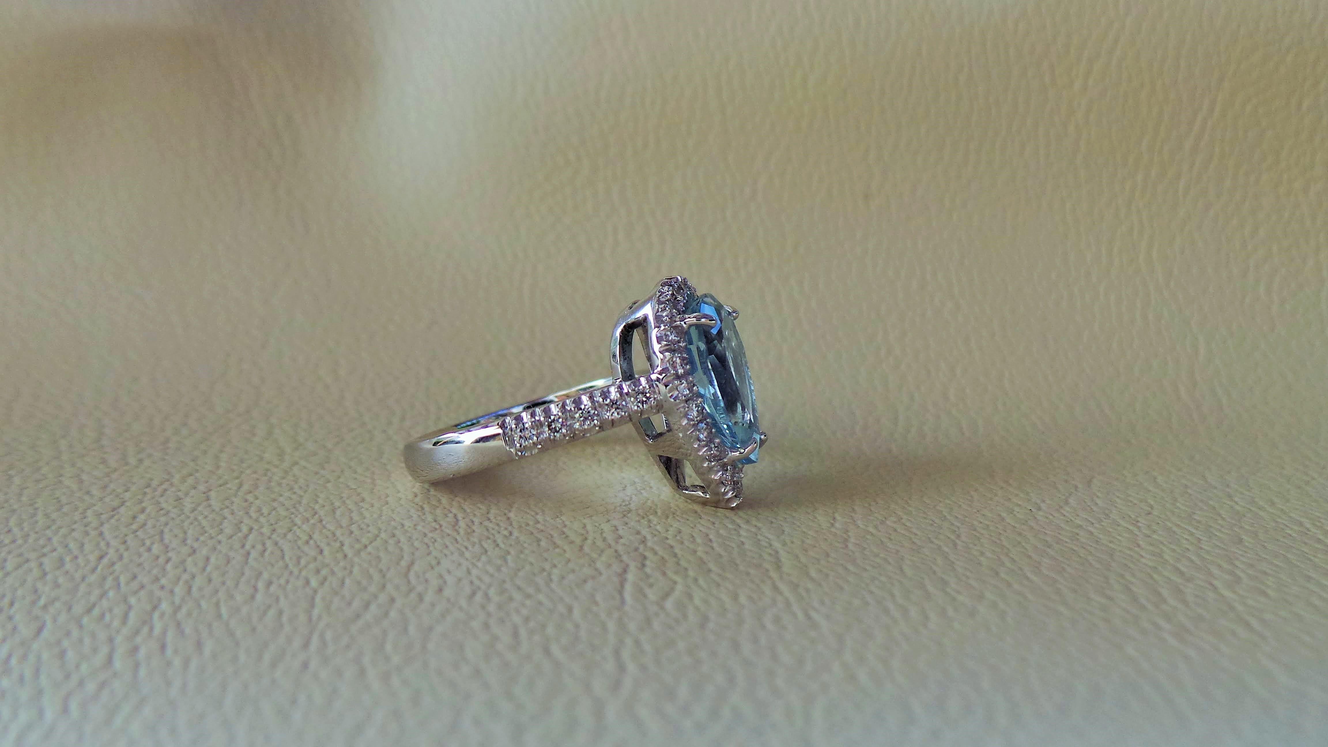 Contemporary Blue Aquamarine Drop 2, 80 K Diamonds 0.45K White Gold Engagement Ring For Sale