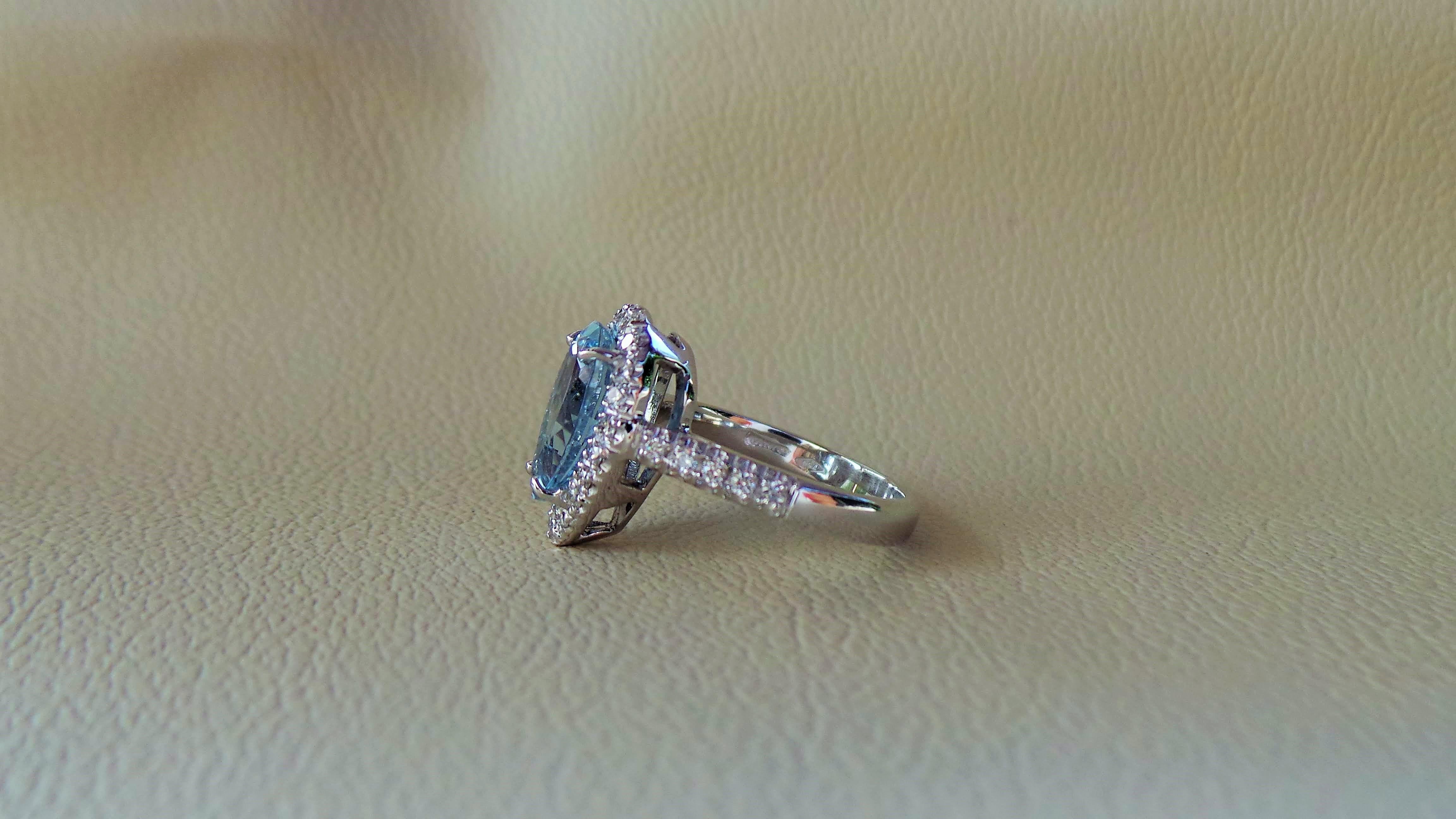 Brilliant Cut Blue Aquamarine Drop 2, 80 K Diamonds 0.45K White Gold Engagement Ring For Sale