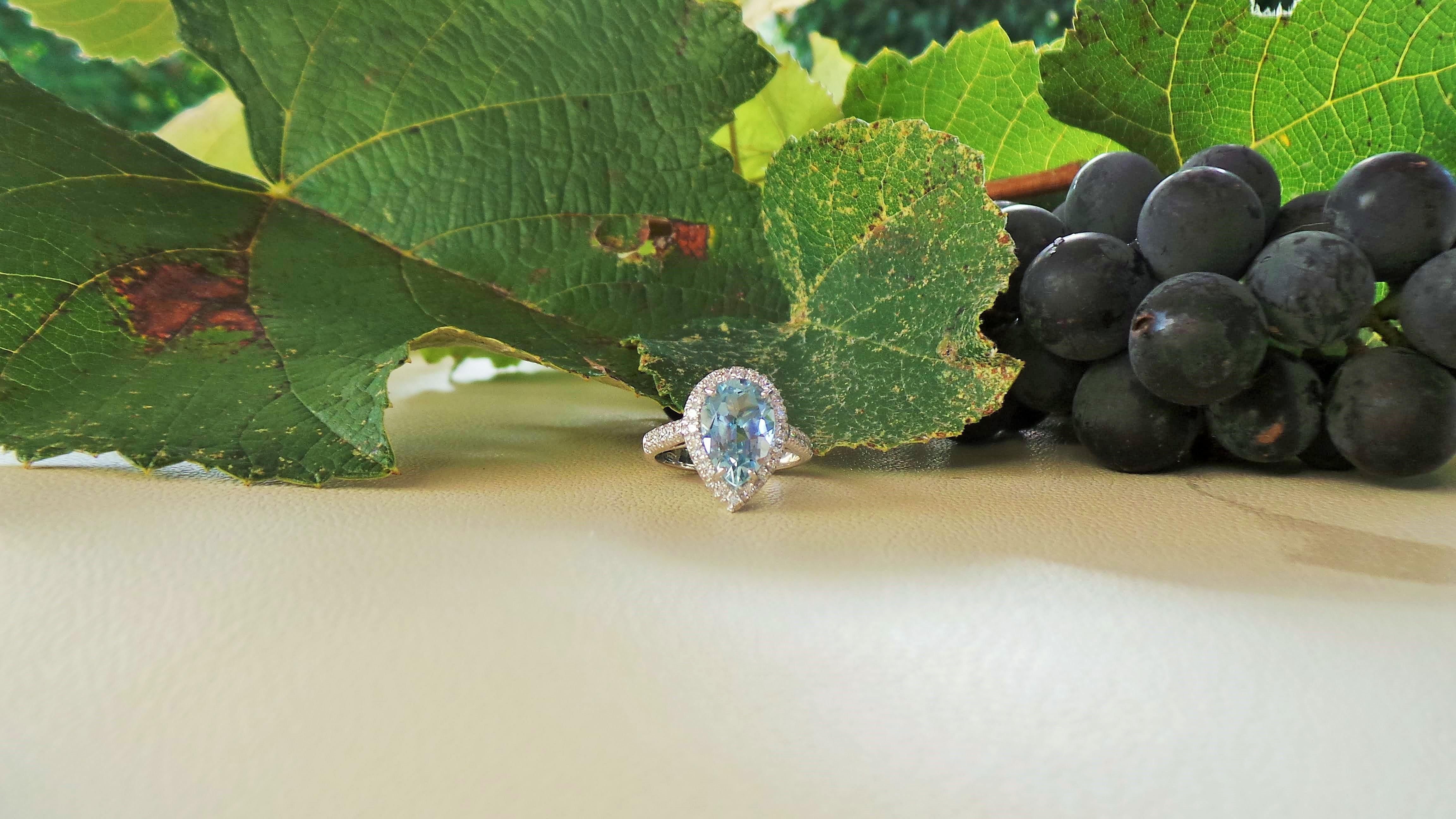 Women's Blue Aquamarine Drop 2, 80 K Diamonds 0.45K White Gold Engagement Ring For Sale