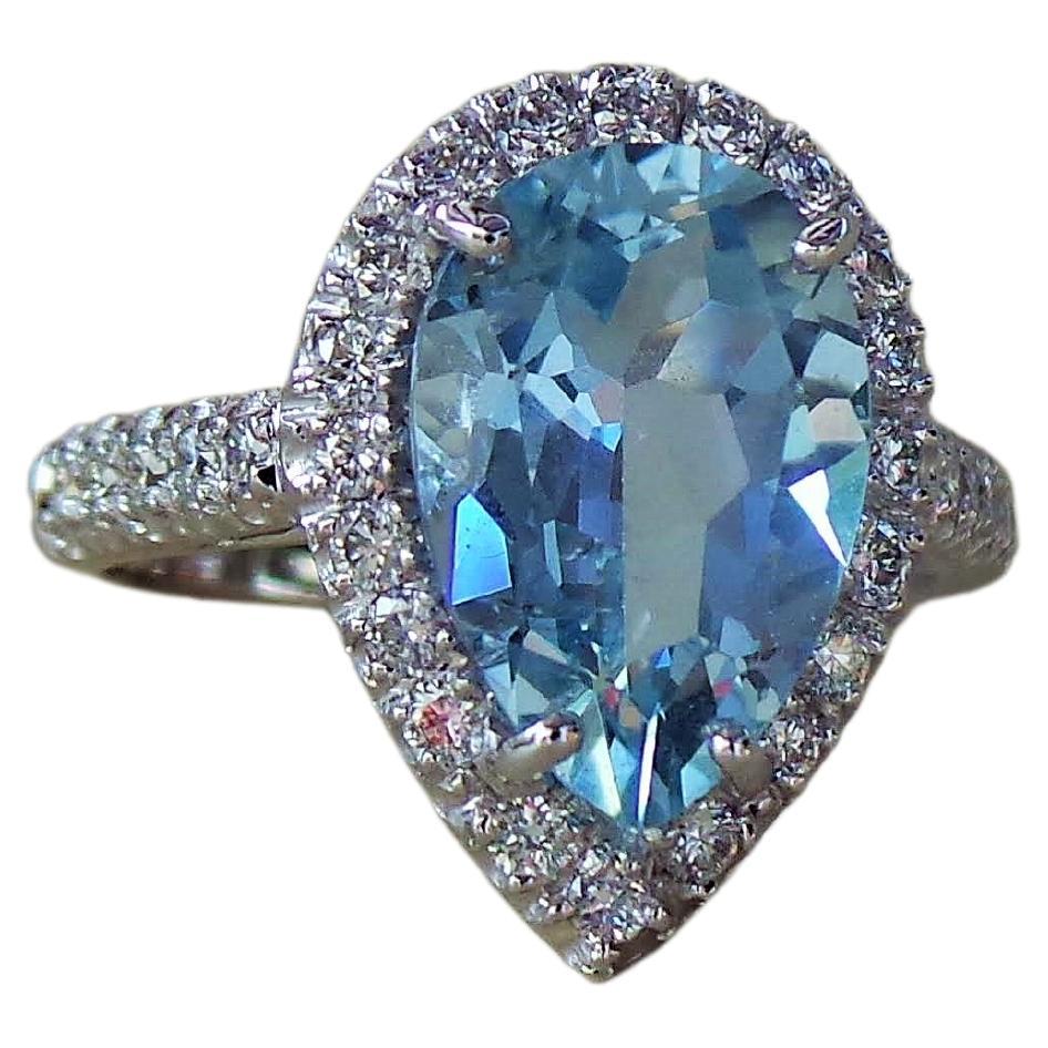 Blue Aquamarine Drop 2, 80 K Diamonds 0.45K White Gold Engagement Ring For Sale