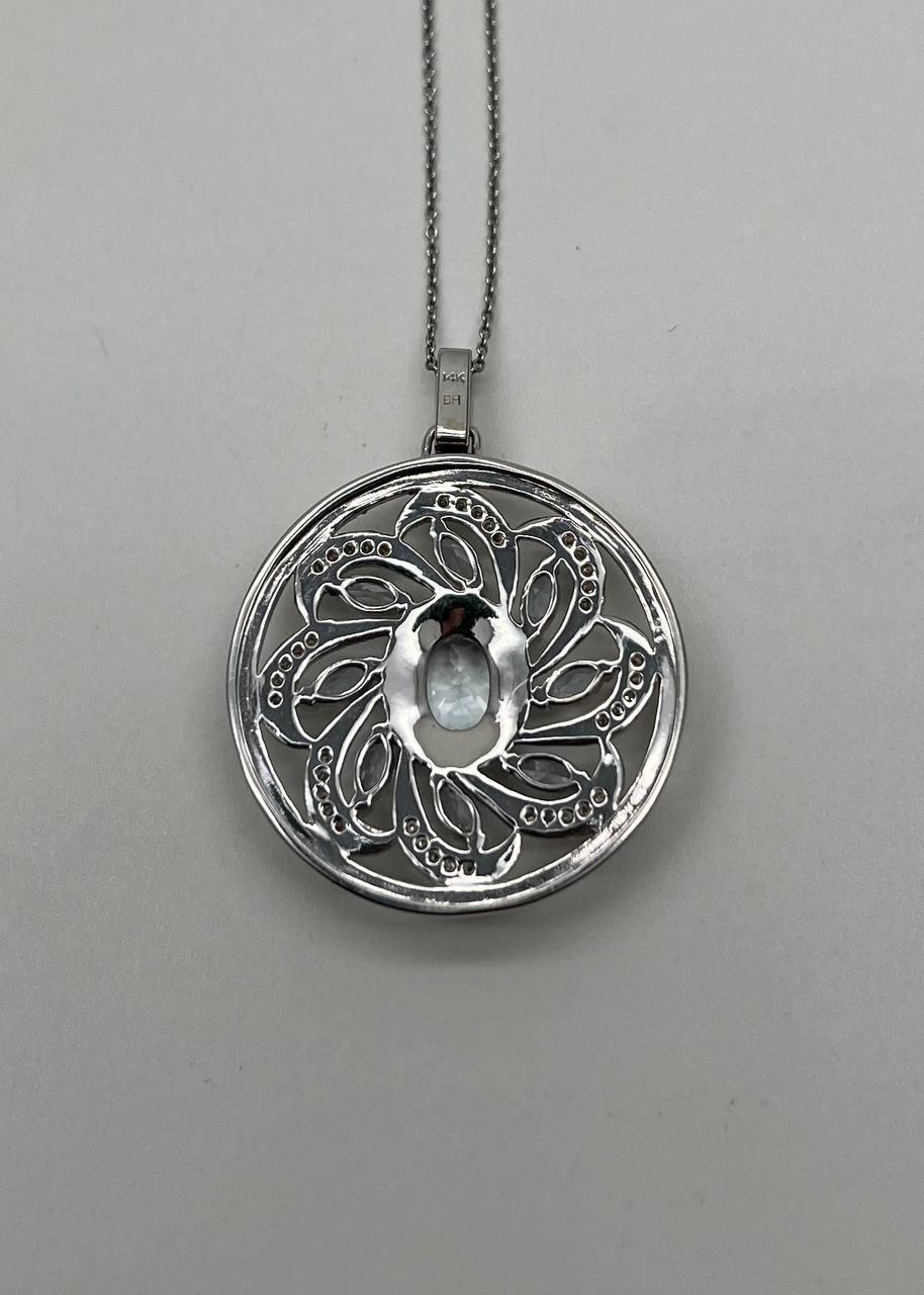 Oval Cut Blue Aquamarine Floral Motif Diamond 14K White Gold Pendant Medallion Necklace For Sale